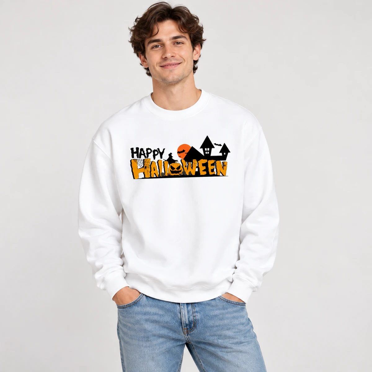 Happy Halloween Sweatshirt – Spooky Haunted House and Pumpkin Graphic Crewneck Sweatshirt, Cute Halloween Sweater, Fall Outfit, Halloween Gift for Men and Women