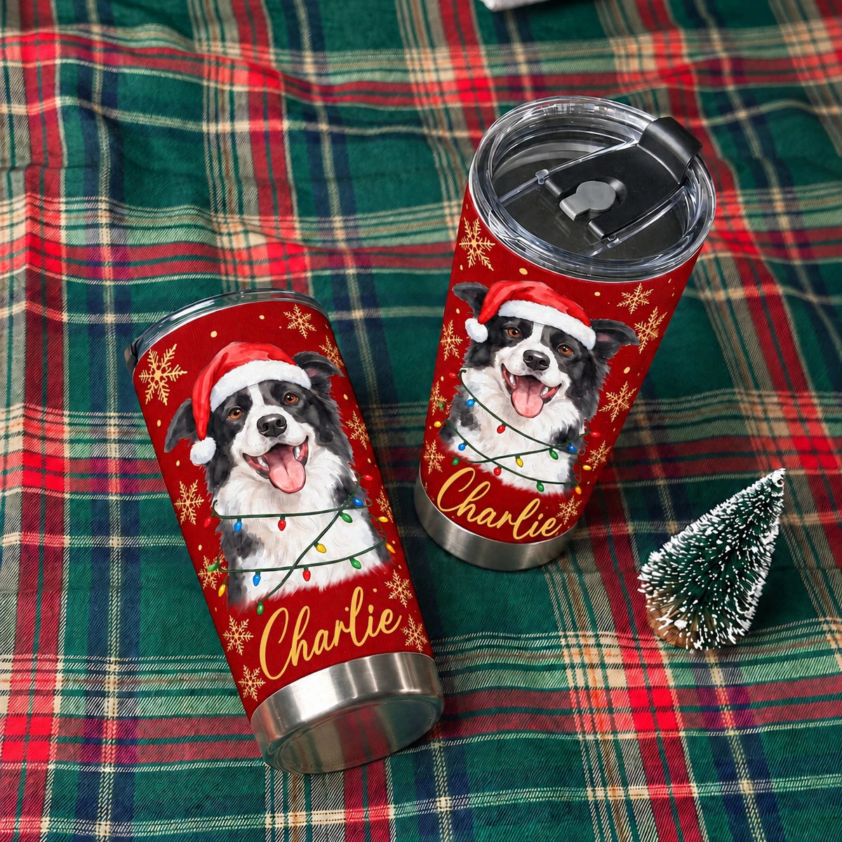 Personalized 20oz Tumbler Custom Pet Photo & Name – Christmas Dog Lover Gift, Santa Hat Holiday Stainless Steel Travel Cup