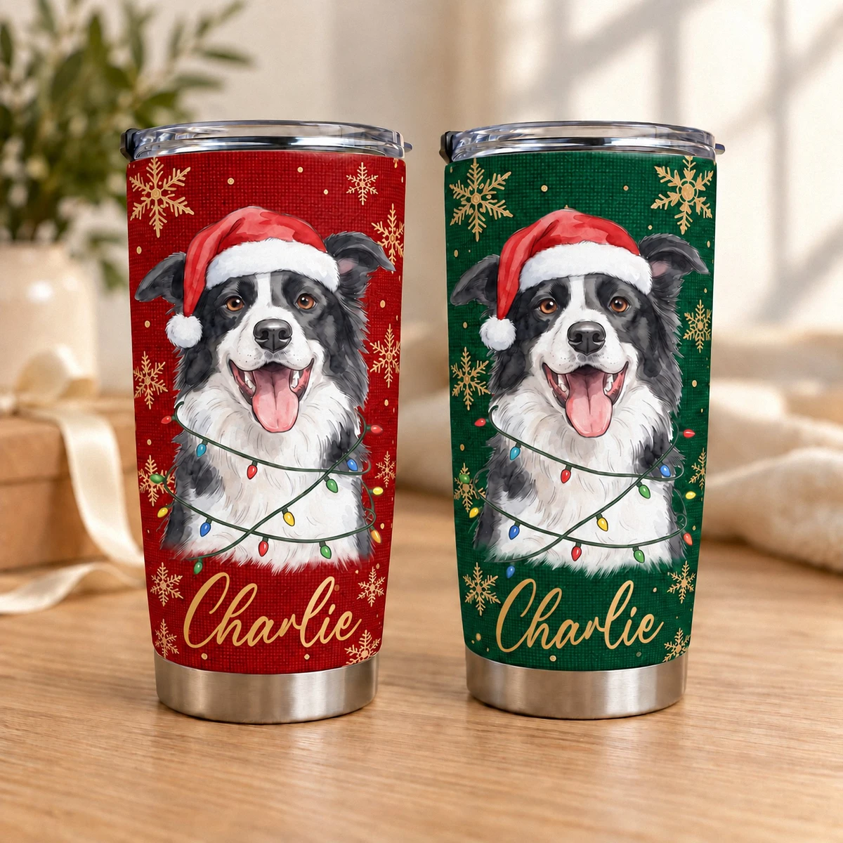 Personalized 20oz Tumbler Custom Pet Photo & Name – Christmas Dog Lover Gift, Santa Hat Holiday Stainless Steel Travel Cup