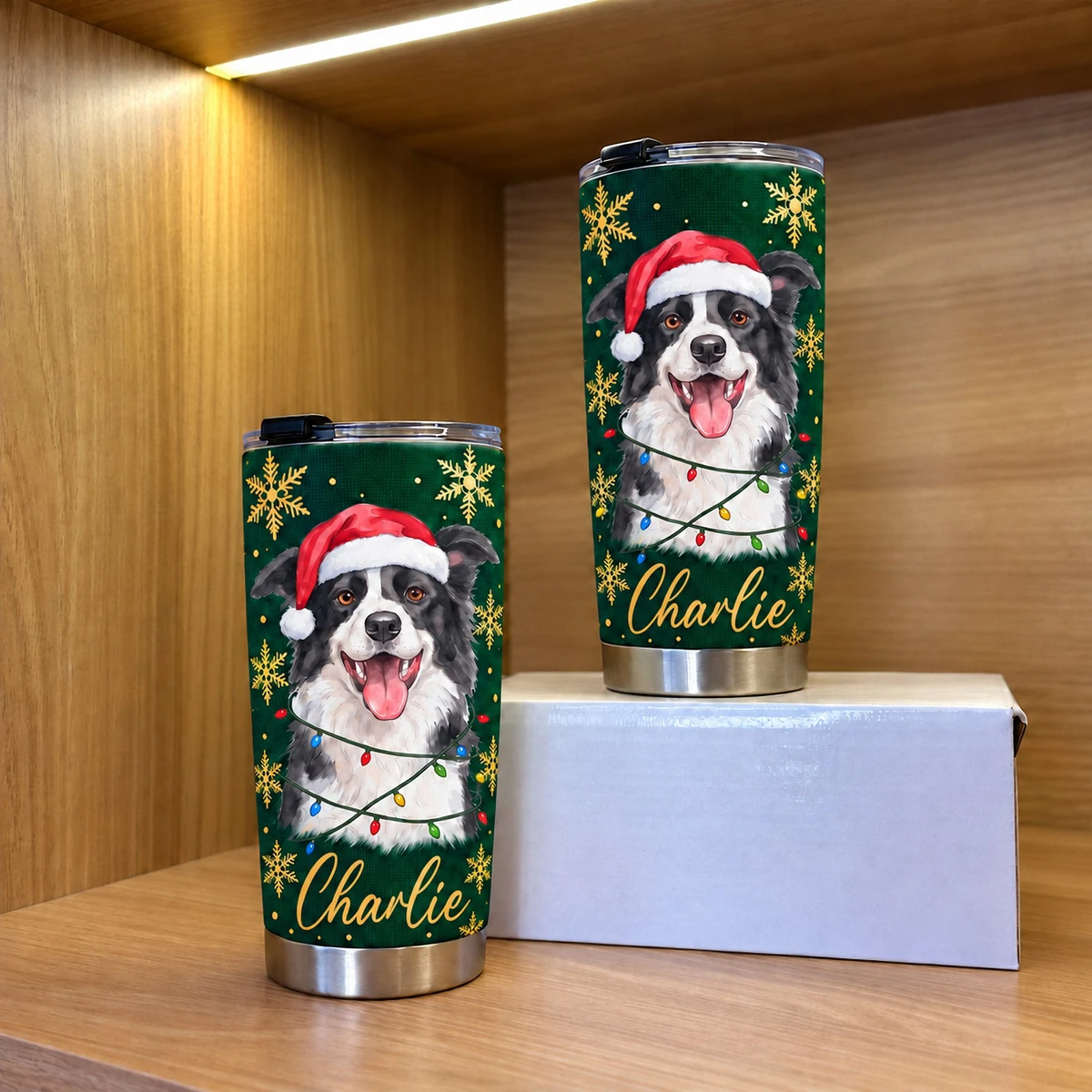 Personalized 20oz Tumbler Custom Pet Photo & Name – Christmas Dog Lover Gift, Santa Hat Holiday Stainless Steel Travel Cup