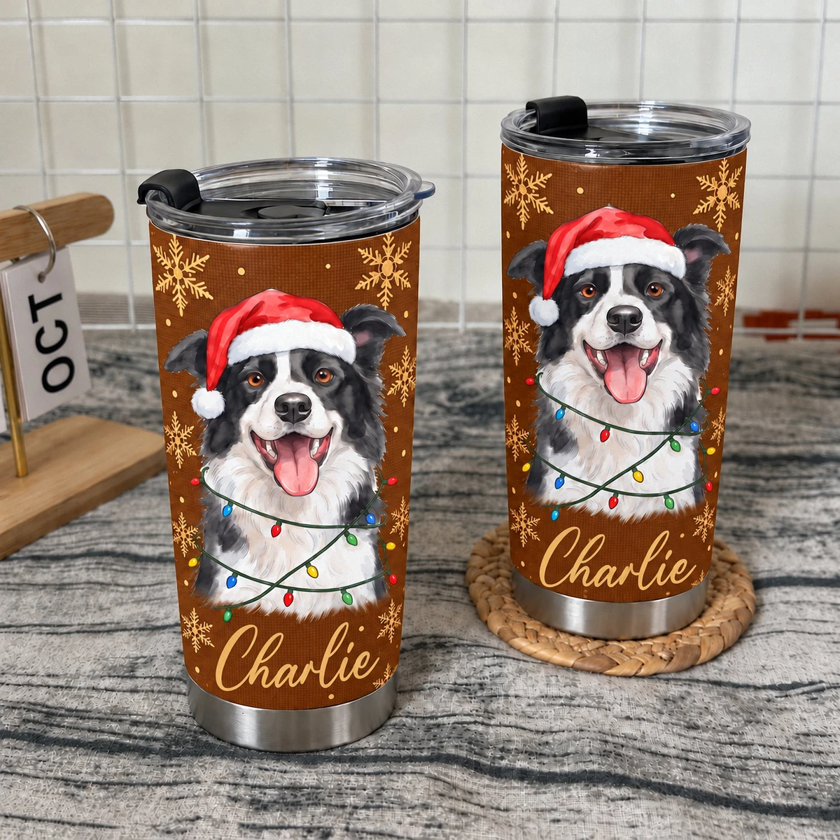 Personalized 20oz Tumbler Custom Pet Photo & Name – Christmas Dog Lover Gift, Santa Hat Holiday Stainless Steel Travel Cup