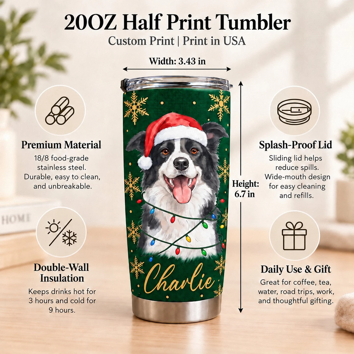 Personalized 20oz Tumbler Custom Pet Photo & Name – Christmas Dog Lover Gift, Santa Hat Holiday Stainless Steel Travel Cup