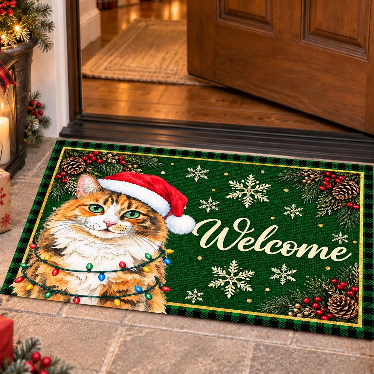 Custom Pet Photo Christmas Doormat, Personalized Dog Welcome Mat, Santa Puppy Holiday Door Decor, Christmas Gift for Dog & Cat Lovers