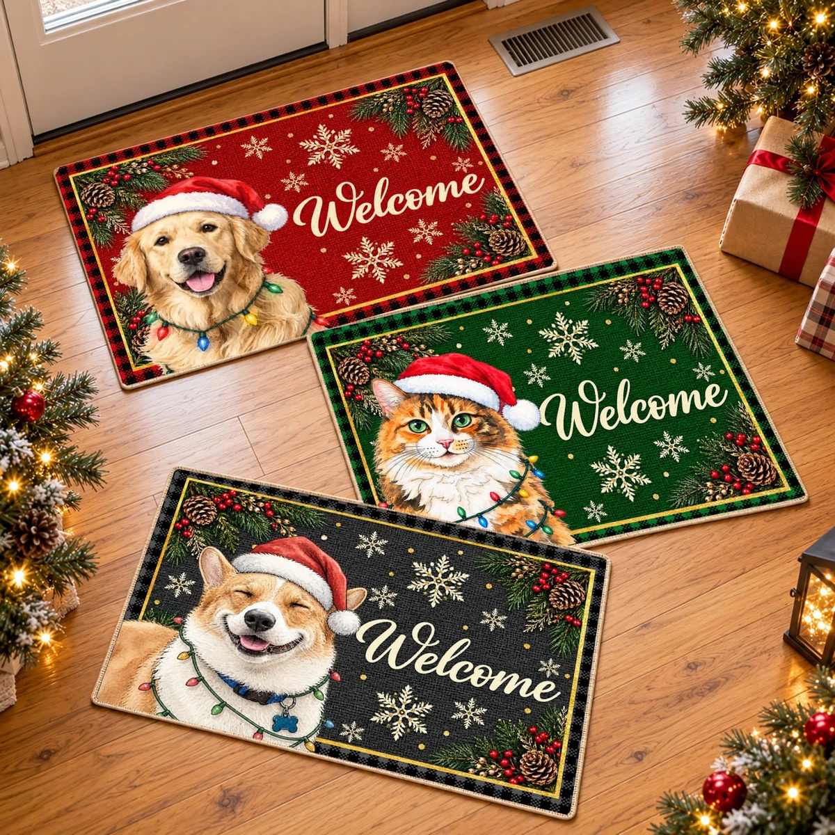 Custom Pet Photo Christmas Doormat, Personalized Dog Welcome Mat, Santa Puppy Holiday Door Decor, Christmas Gift for Dog & Cat Lovers