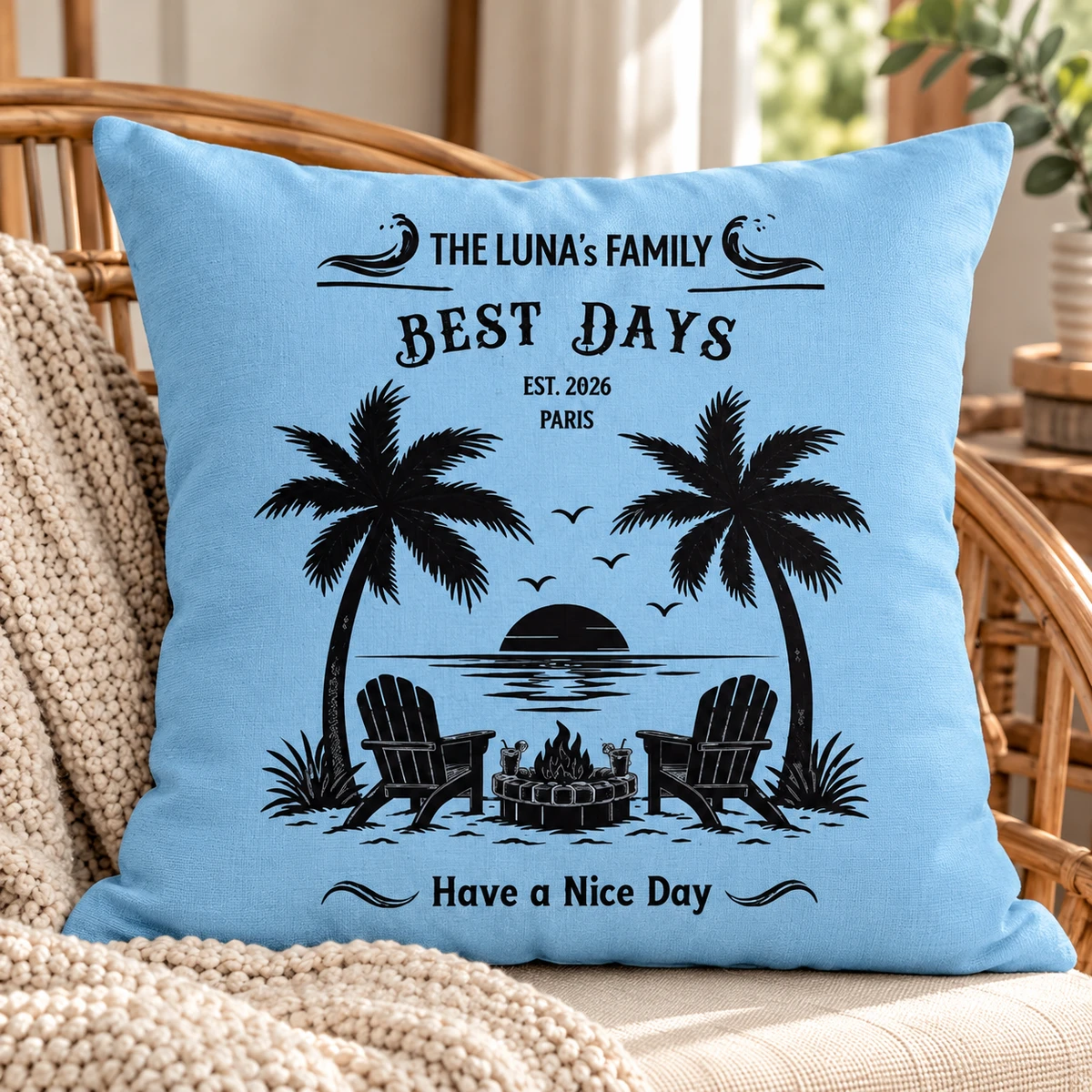 Personalized Family Best Days Beach Throw Pillow - Custom Family Name & Established Year, Tropical Summer Home Decor Gift