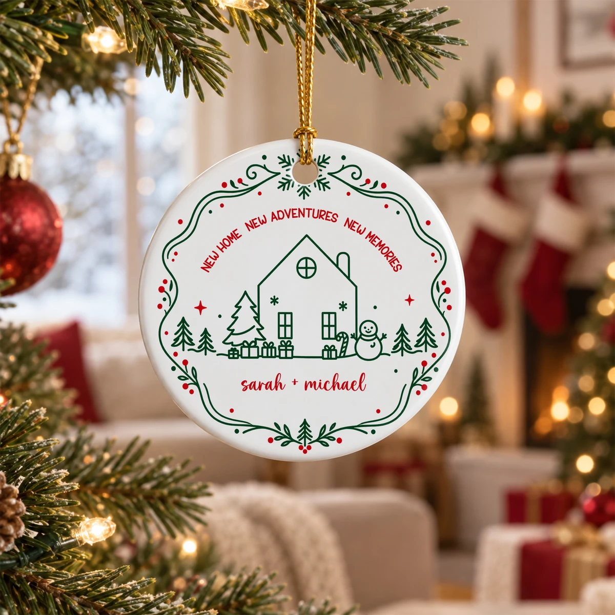 Personalized Round Ceramic Christmas Ornament Custom Name – New Home New Adventures Couple Keepsake Christmas Gift