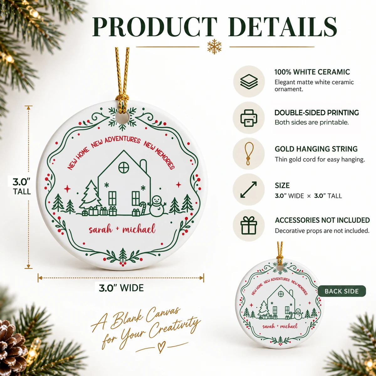 Personalized Round Ceramic Christmas Ornament Custom Name – New Home New Adventures Couple Keepsake Christmas Gift