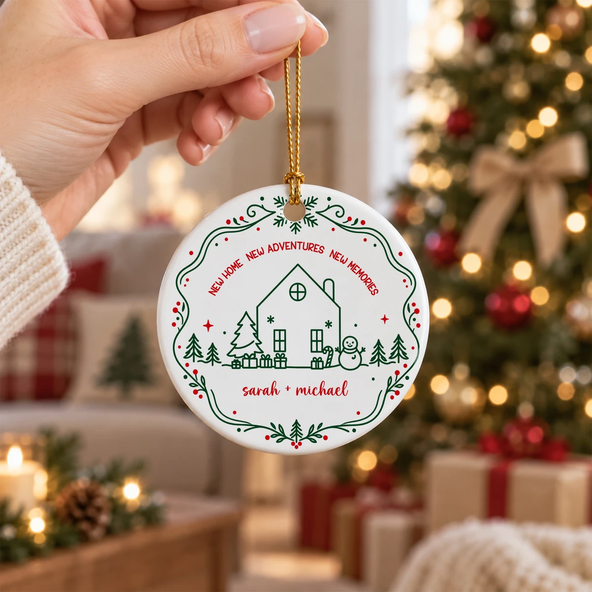 Personalized Round Ceramic Christmas Ornament Custom Name – New Home New Adventures Couple Keepsake Christmas Gift