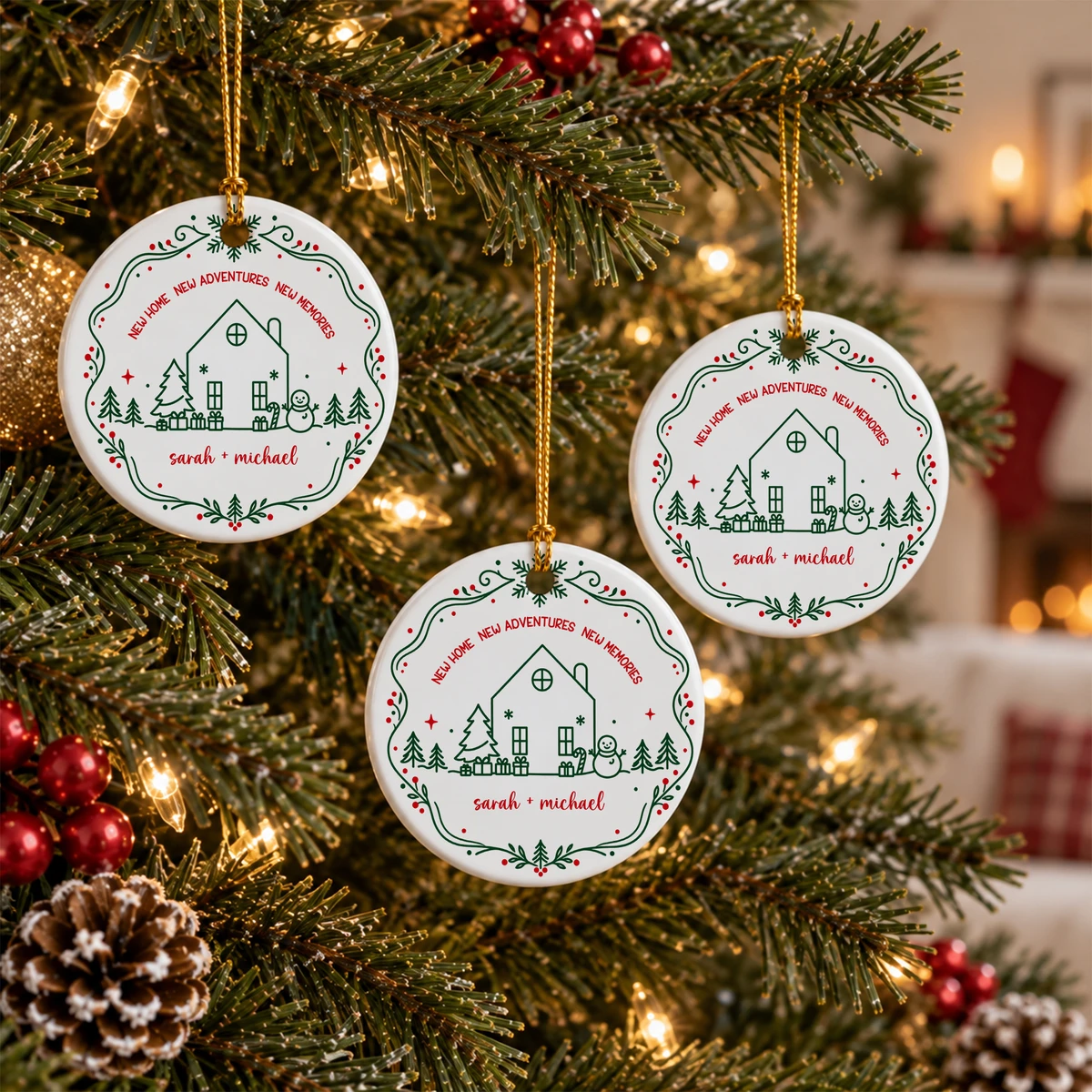 Personalized Round Ceramic Christmas Ornament Custom Name – New Home New Adventures Couple Keepsake Christmas Gift