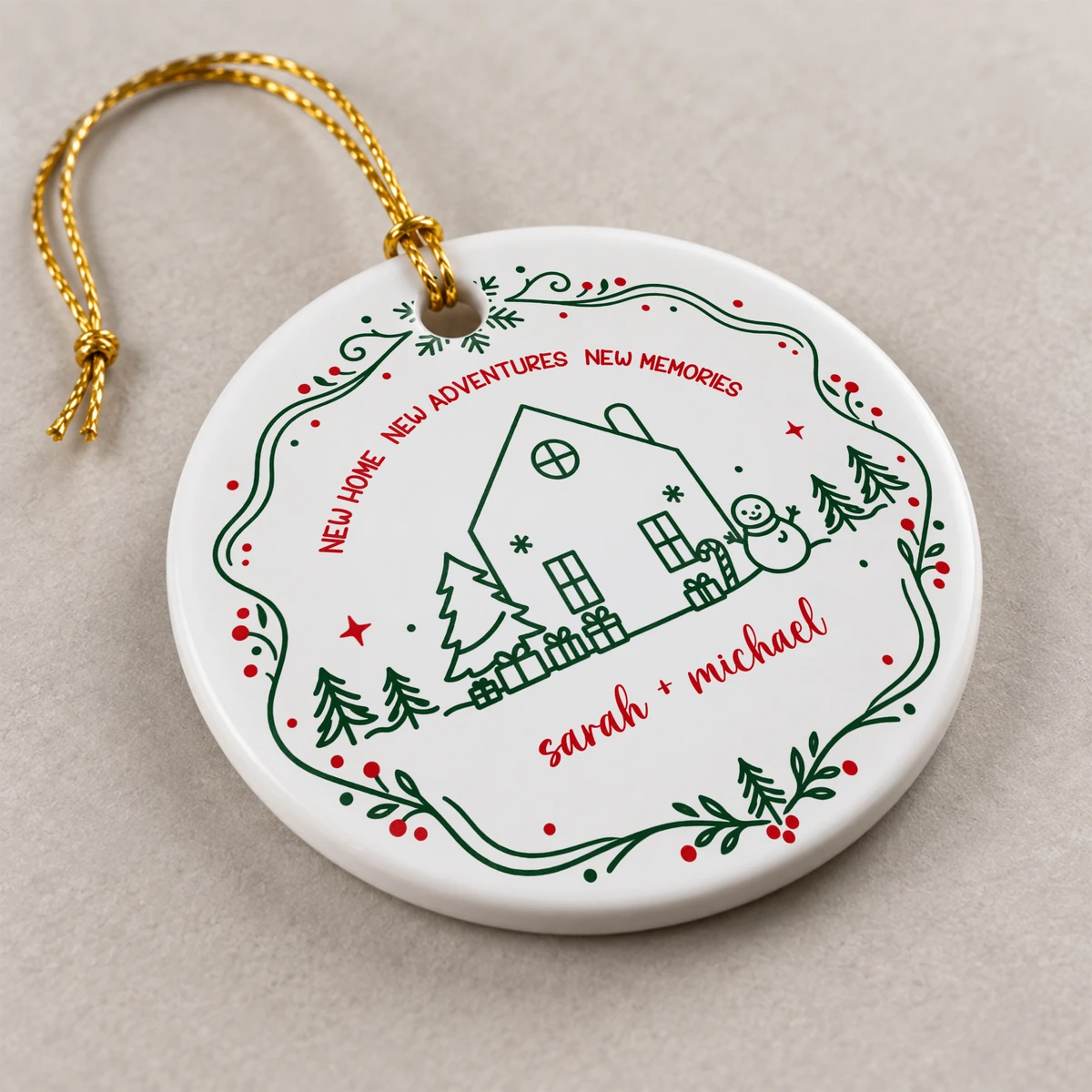 Personalized Round Ceramic Christmas Ornament Custom Name – New Home New Adventures Couple Keepsake Christmas Gift