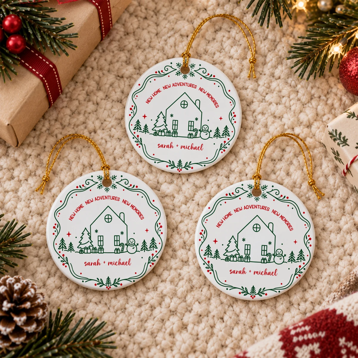 Personalized Round Ceramic Christmas Ornament Custom Name – New Home New Adventures Couple Keepsake Christmas Gift