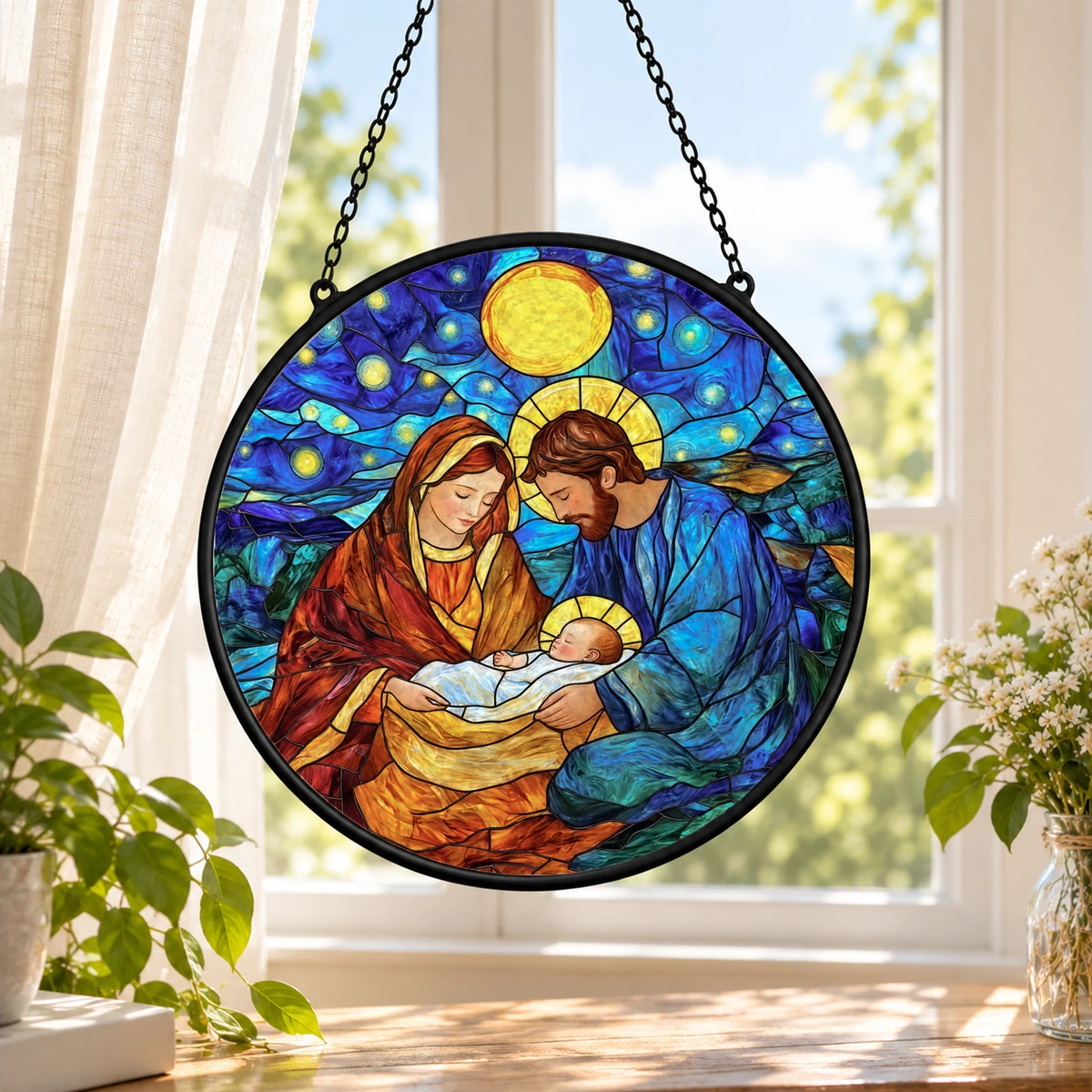 Christmas Nativity Suncatcher, Holy Family Stained Glass Window Hanging, Baby Jesus Christmas Decor, Sacred Holiday Gift for Family