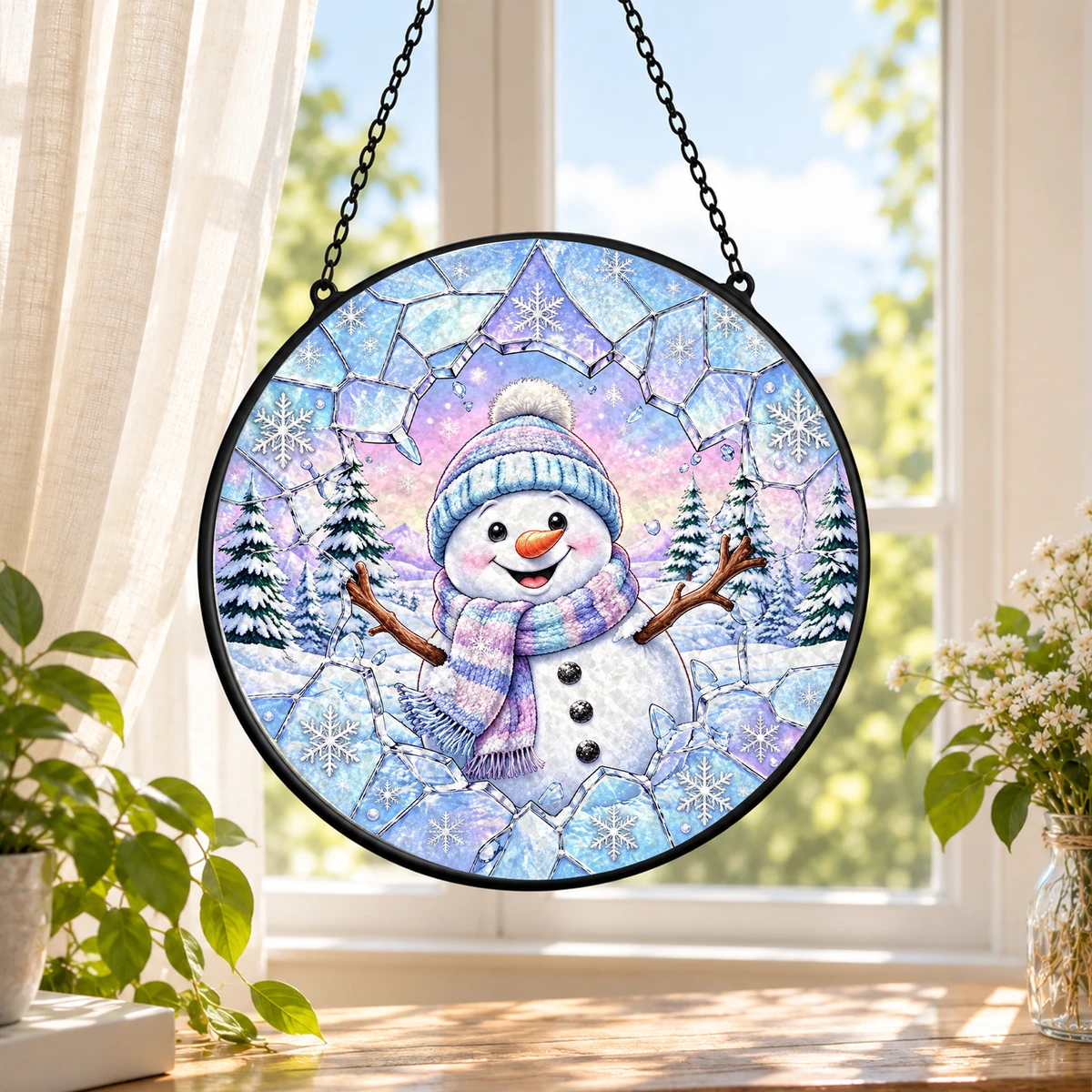 Snowman Christmas Suncatcher, Winter Stained Glass Window Decor, Snowflake Snowman Hanging Decoration, Christmas Gift for Family and Friends