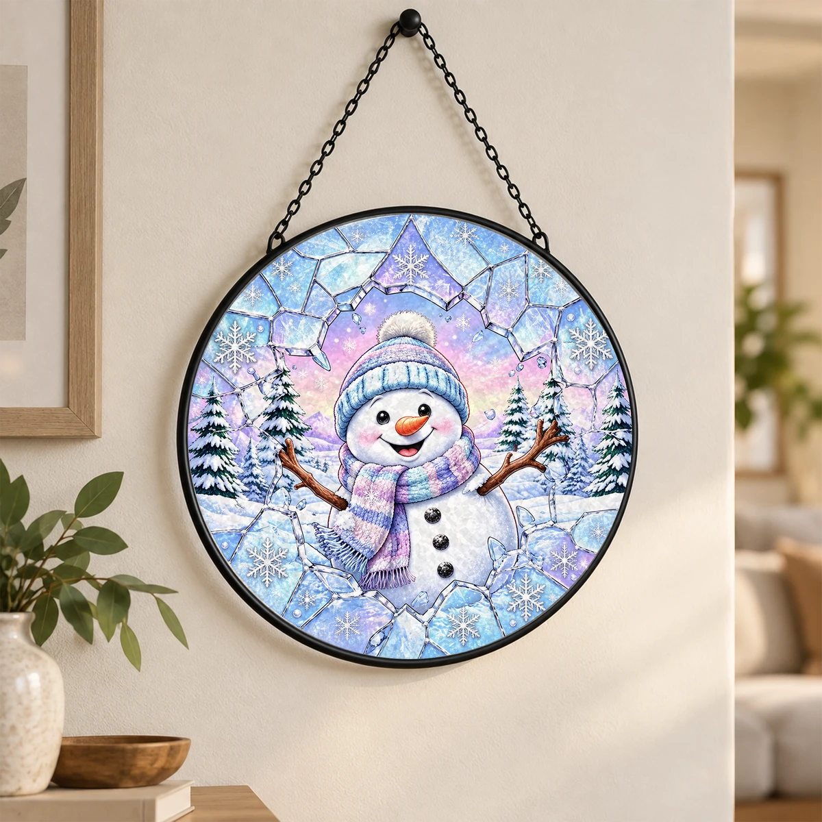 Snowman Christmas Suncatcher, Winter Stained Glass Window Decor, Snowflake Snowman Hanging Decoration, Christmas Gift for Family and Friends