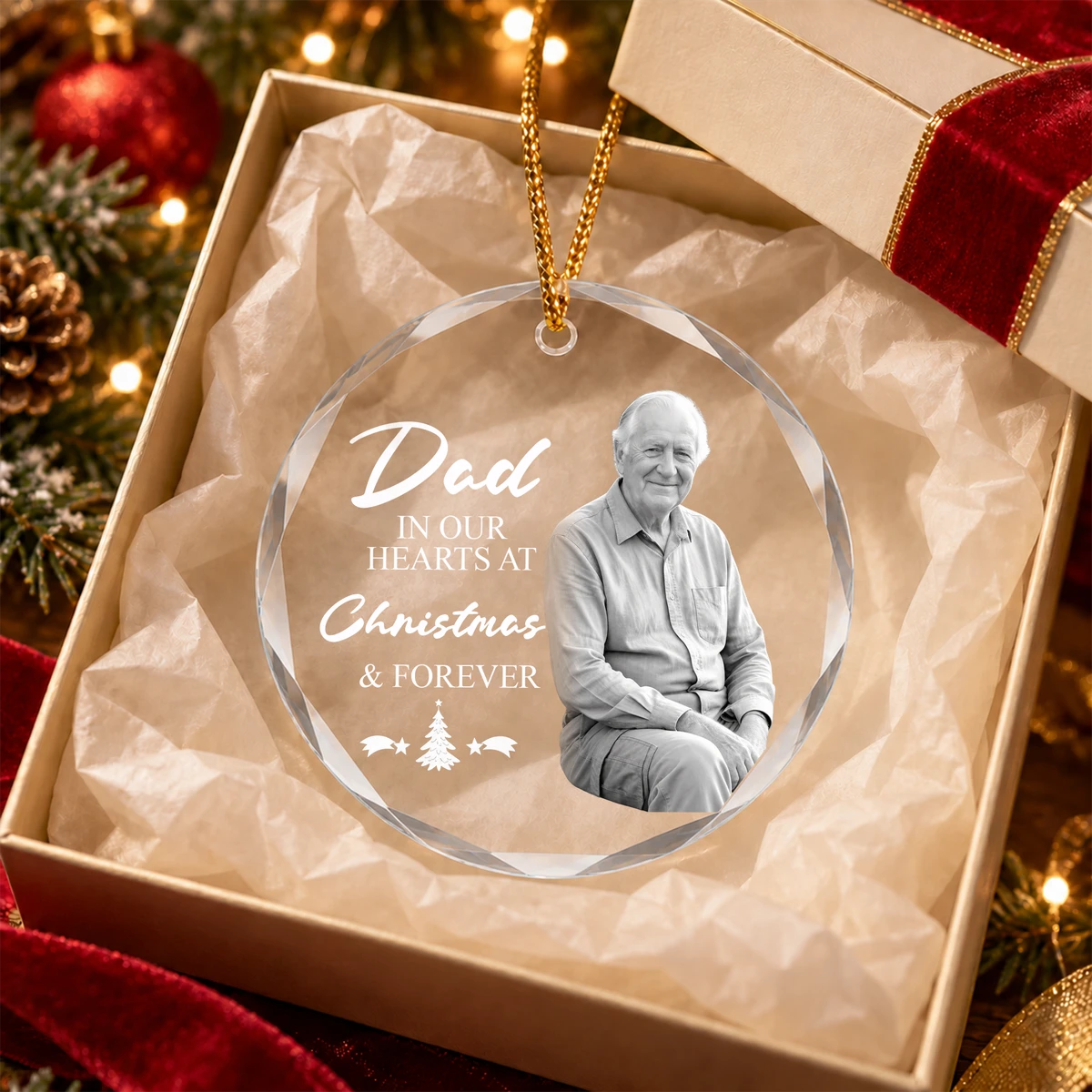 Personalized Glass Christmas Ornament Custom Photo – Dad In Our Hearts Memorial Keepsake Christmas Tree Gift