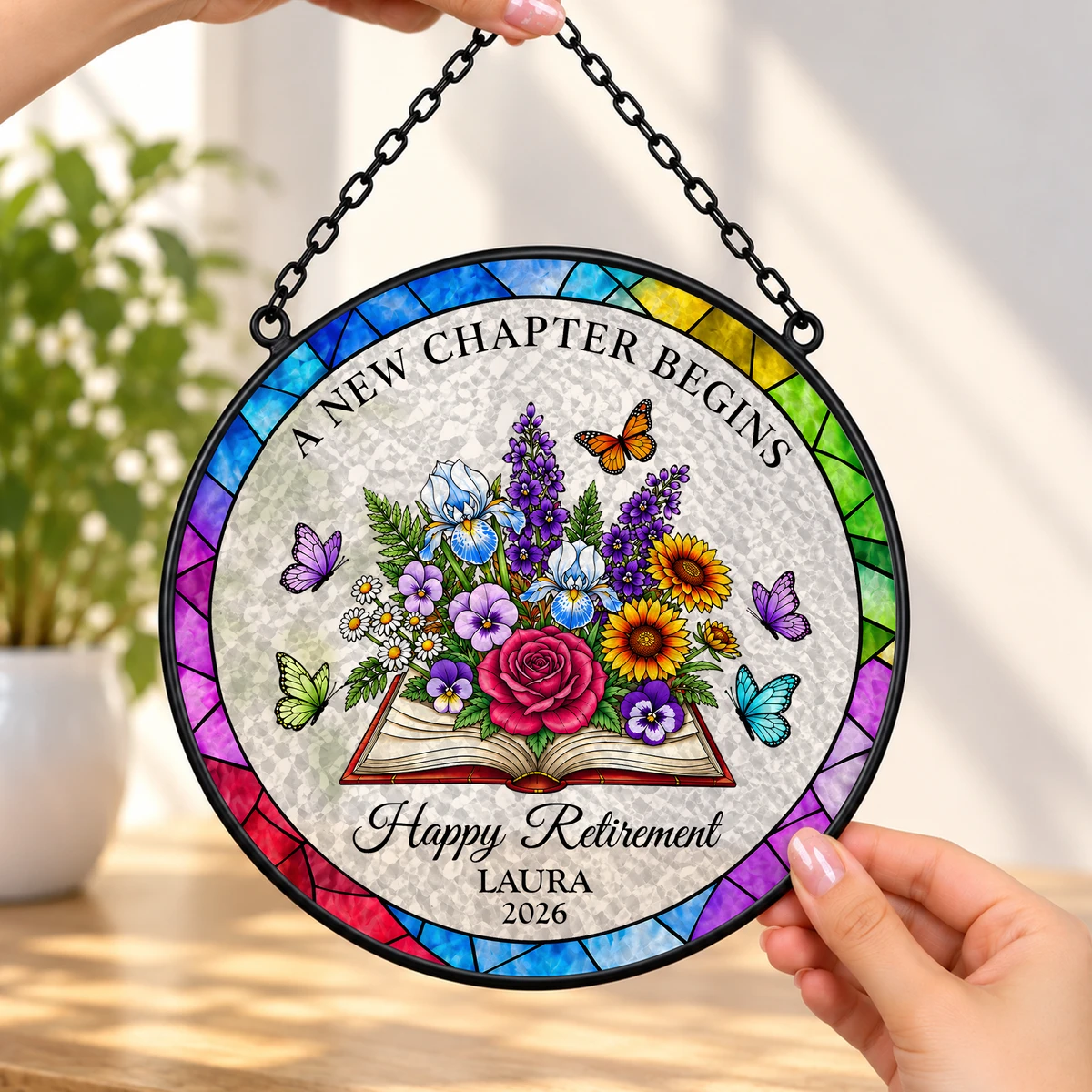 Custom Retirement Suncatcher, Personalized Name and Year Stained Glass Decor, Happy Retirement Wall Hanging, Retirement Gift for Coworker