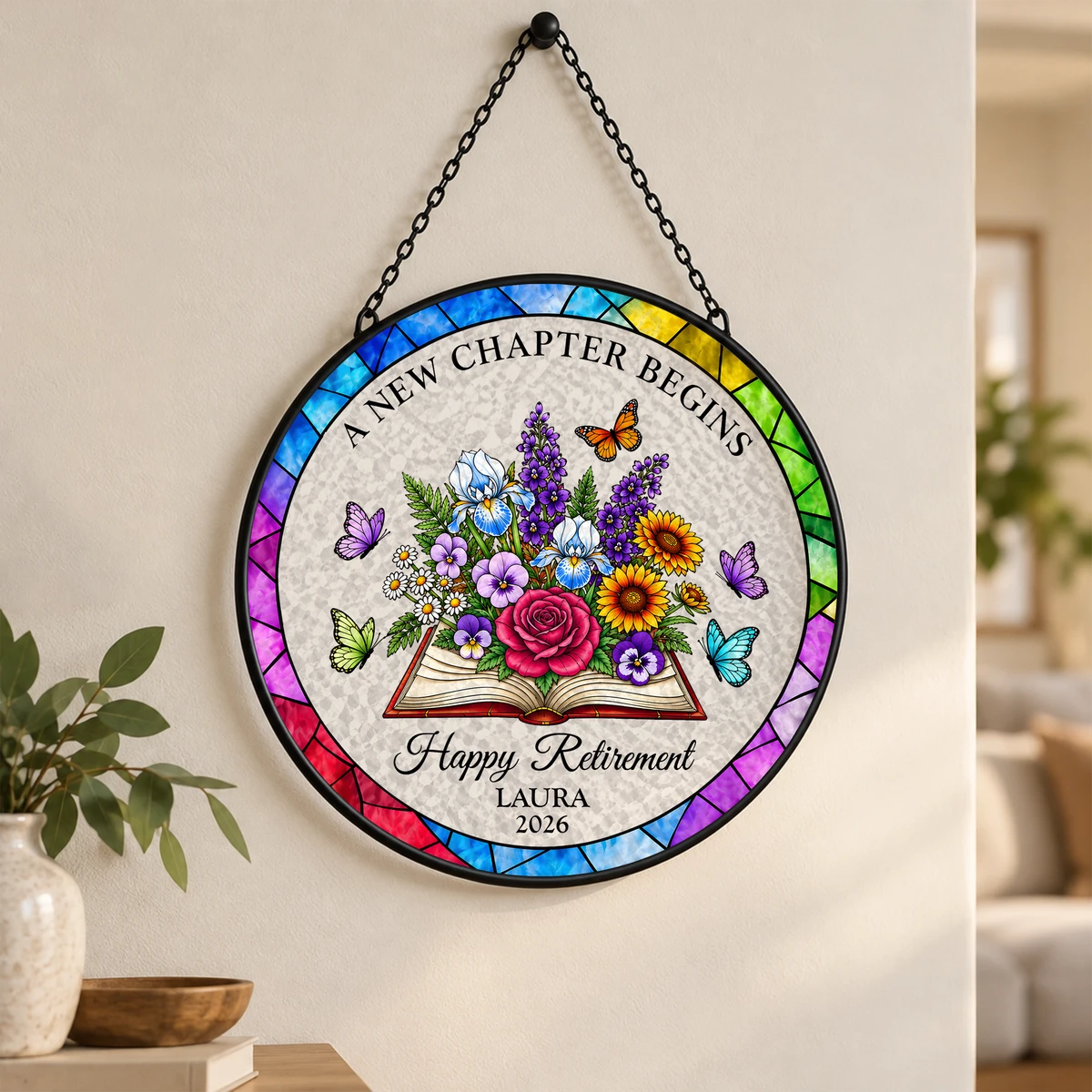 Custom Retirement Suncatcher, Personalized Name and Year Stained Glass Decor, Happy Retirement Wall Hanging, Retirement Gift for Coworker