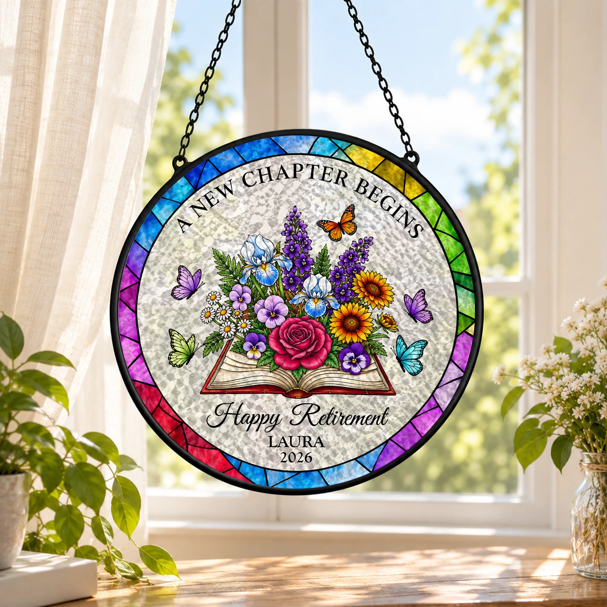 Custom Retirement Suncatcher, Personalized Name and Year Stained Glass Decor, Happy Retirement Wall Hanging, Retirement Gift for Coworker