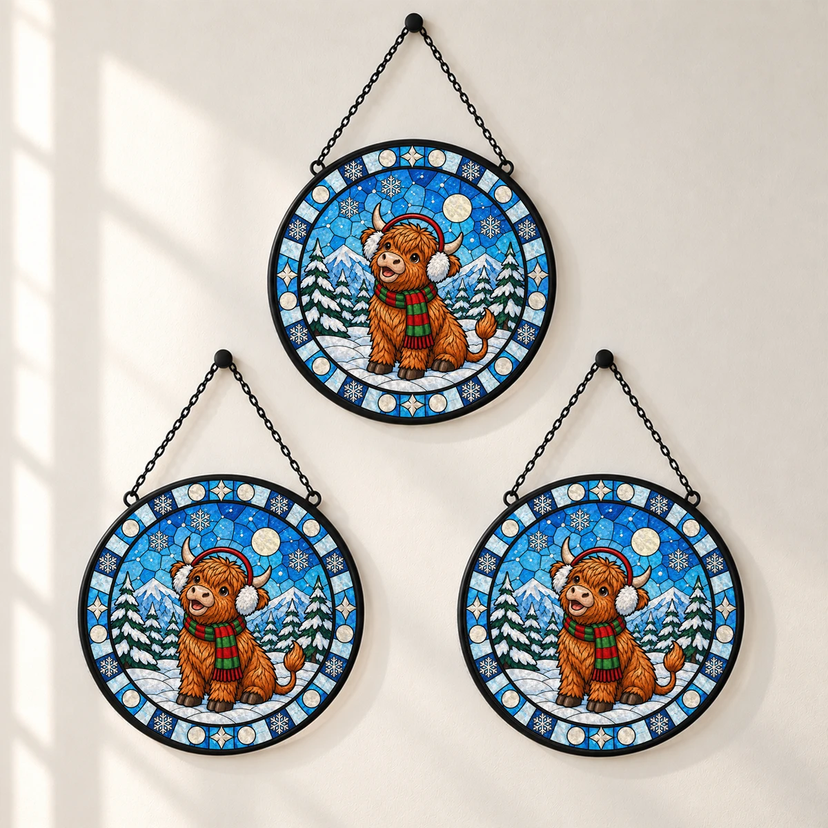 Christmas Highland Cow Suncatcher, Stained Glass Winter Window Hanging, Festive Highland Cattle Snow Decor, Cozy Holiday Gift