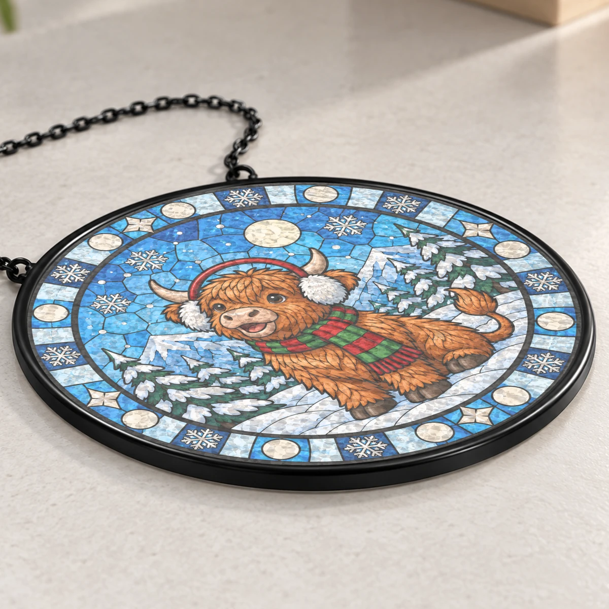 Christmas Highland Cow Suncatcher, Stained Glass Winter Window Hanging, Festive Highland Cattle Snow Decor, Cozy Holiday Gift