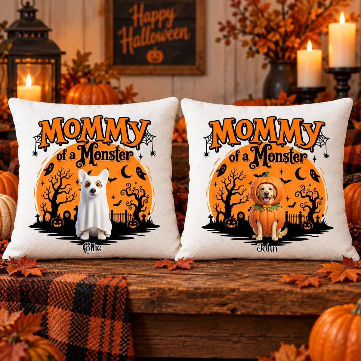 Personalized Halloween Pet Pillow Custom Photo Name Spooky Season Pet Lover Gift