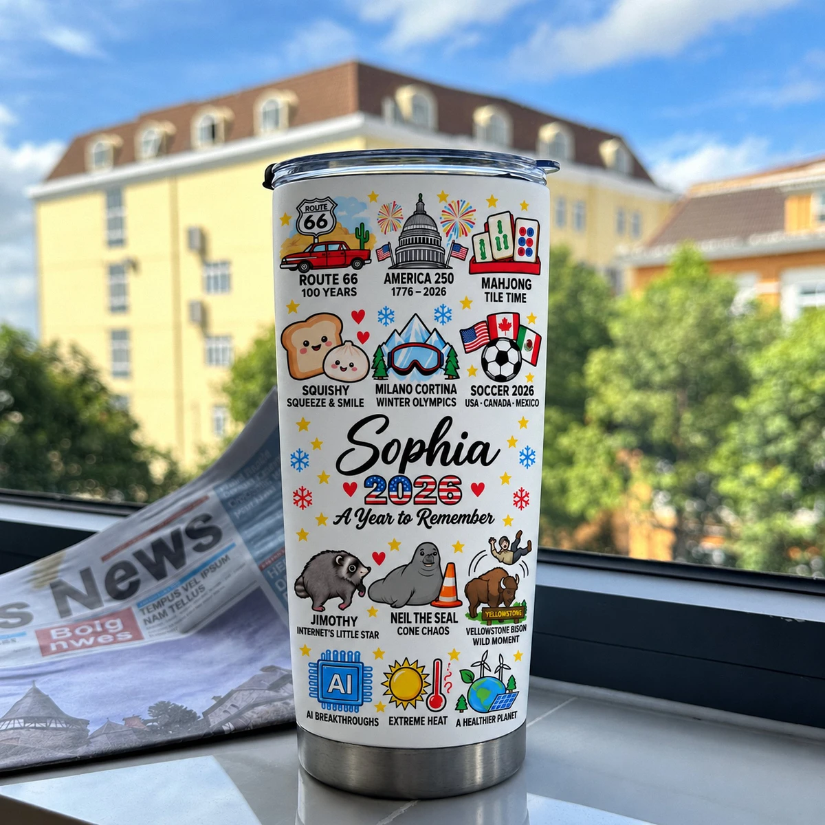 Personalized 20oz Tumbler Custom Name – 2026 A Year To Remember USA Travel Sports & Fun Events Stainless Steel Cup Gift
