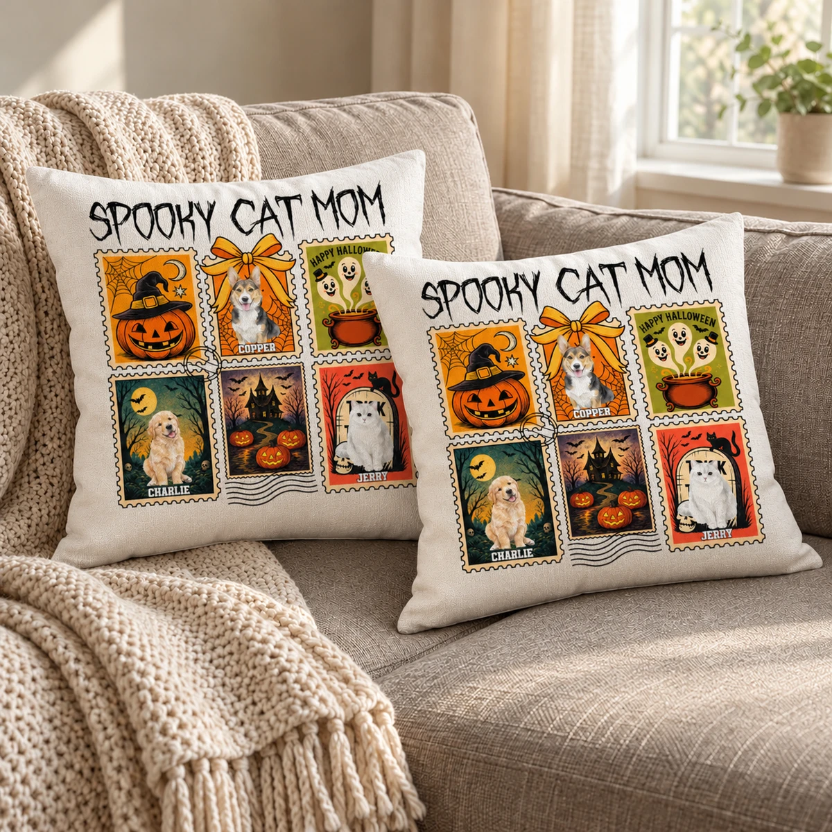 Personalized Spooky Halloween Stamp Pillow - Custom Pet Photos and Names