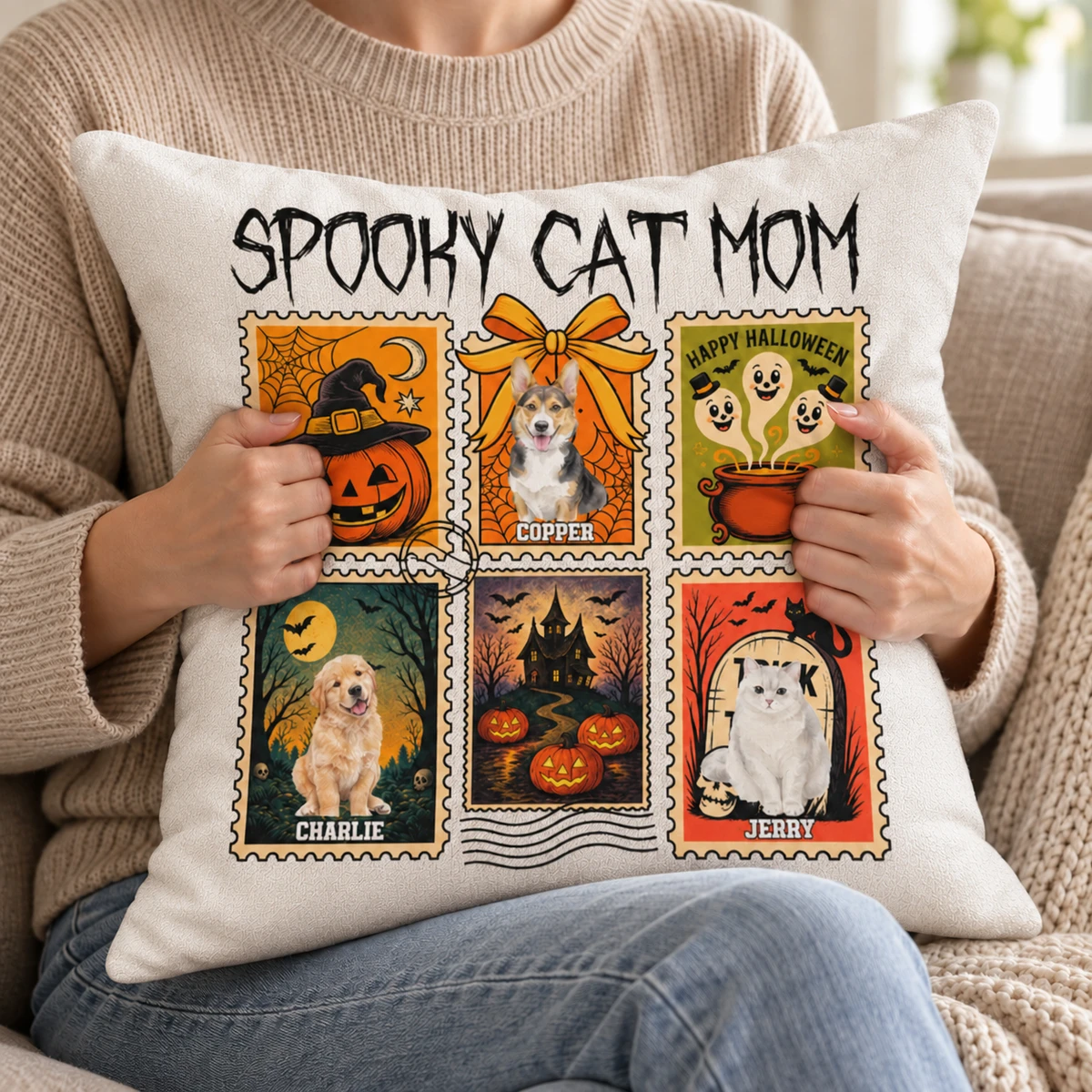 Personalized Spooky Halloween Stamp Pillow - Custom Pet Photos and Names