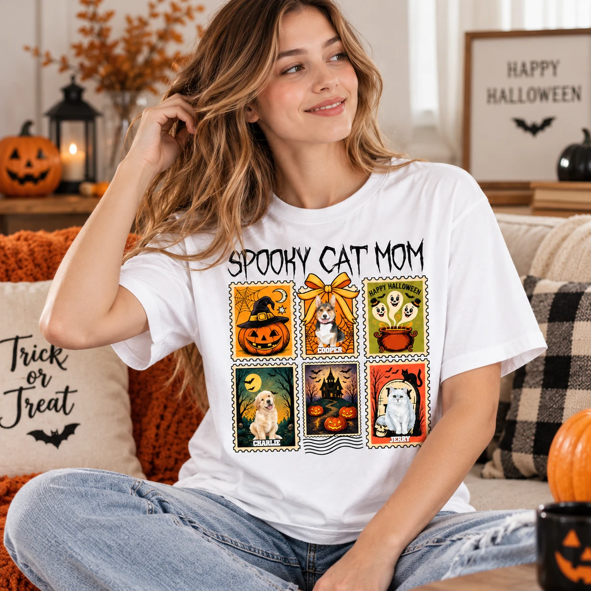 Retro Halloween Postage Stamp T-Shirt - Custom Halloween Pet Portrait T-Shirt