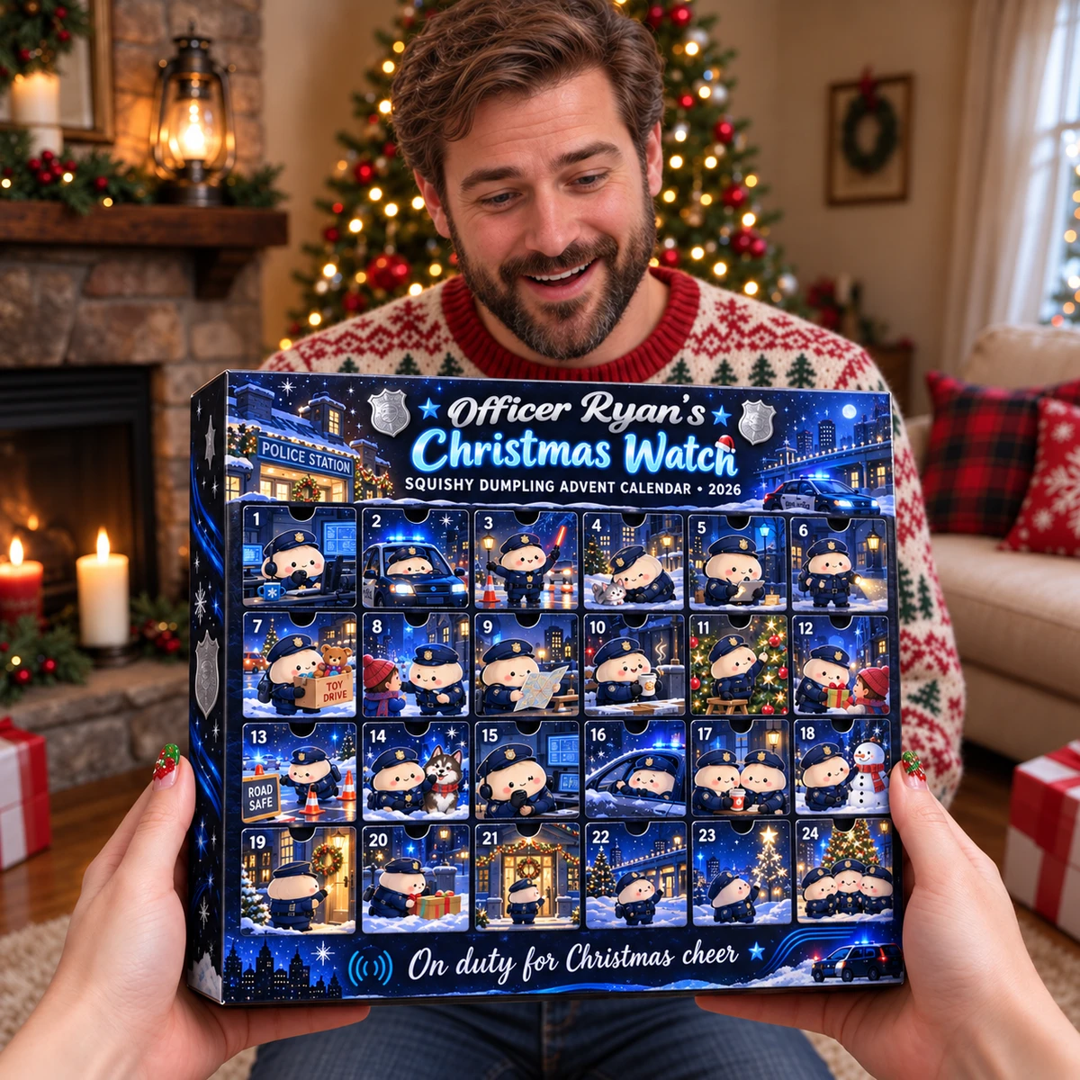 What’s Waiting Behind Today’s Door? Personalized Police Officer Dumpling Advent Calendar, Custom Name Squishy Christmas Gift