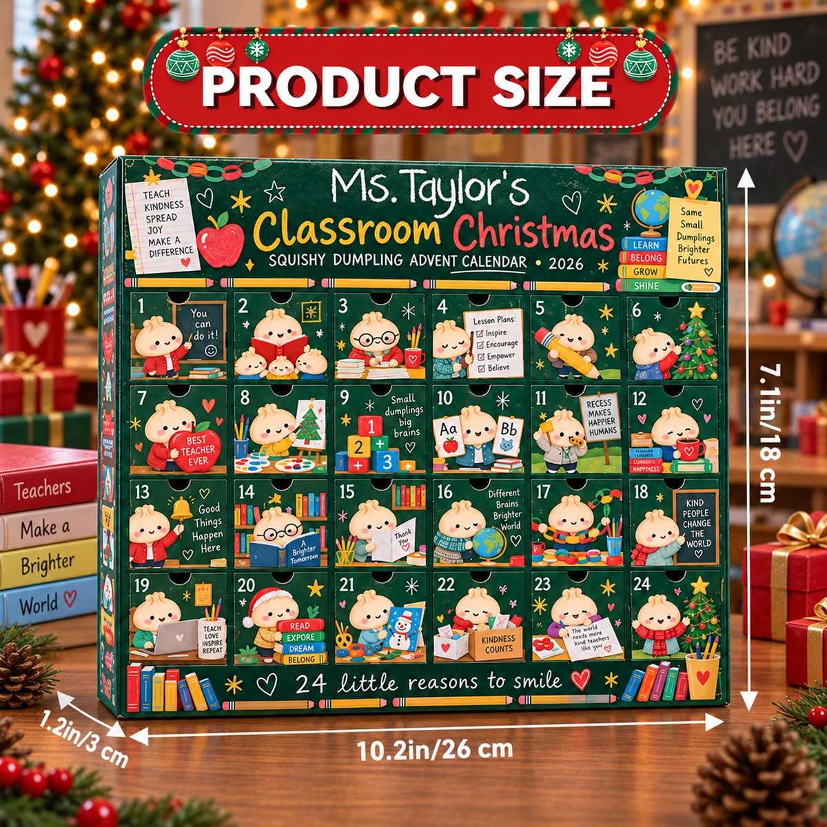 Personalized Teacher Christmas Advent Calendar 2026 – 24 Days Squishy Dumpling Countdown Calendar, Cute Classroom Holiday Gift for Teachers