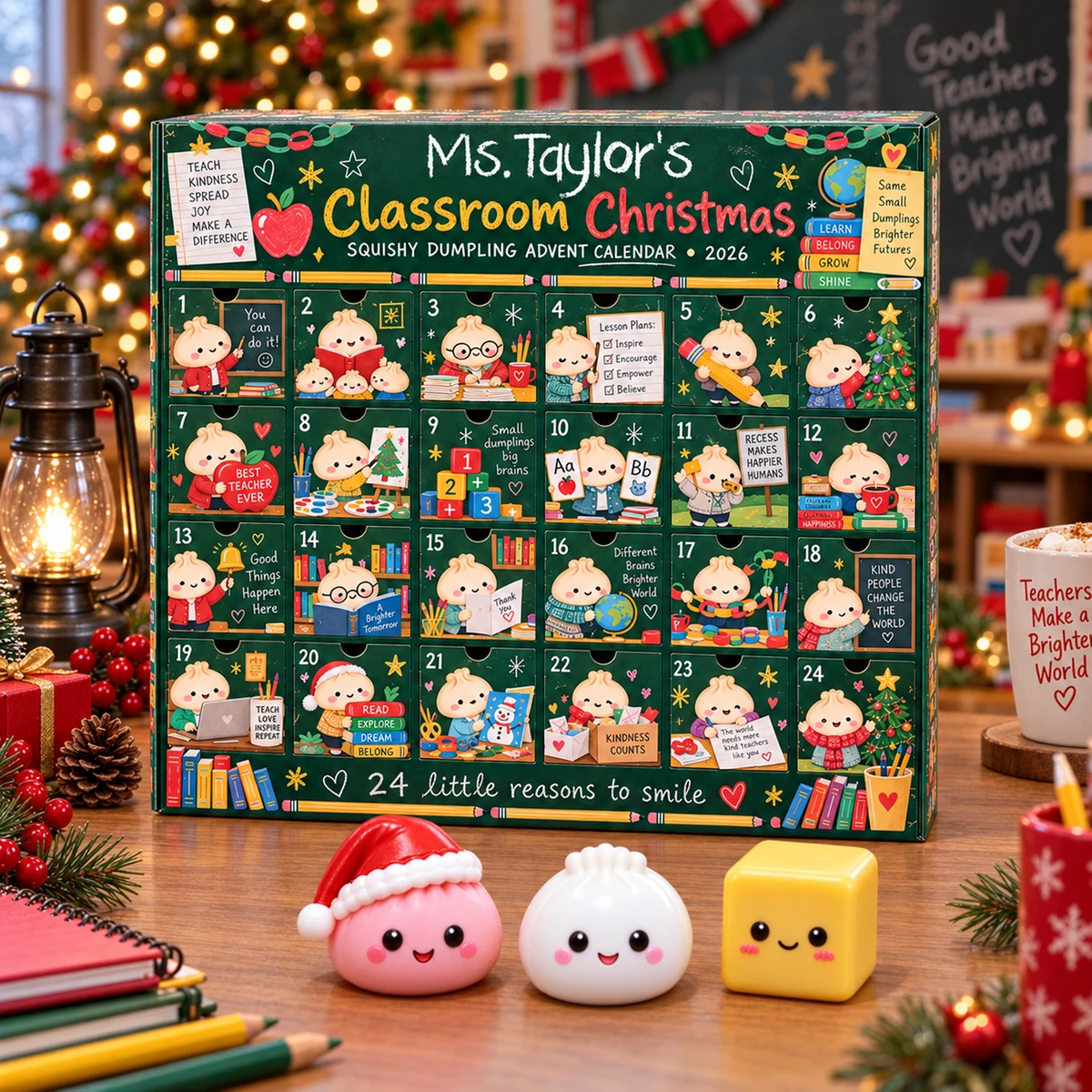 Personalized Teacher Christmas Advent Calendar 2026 – 24 Days Squishy Dumpling Countdown Calendar, Cute Classroom Holiday Gift for Teachers