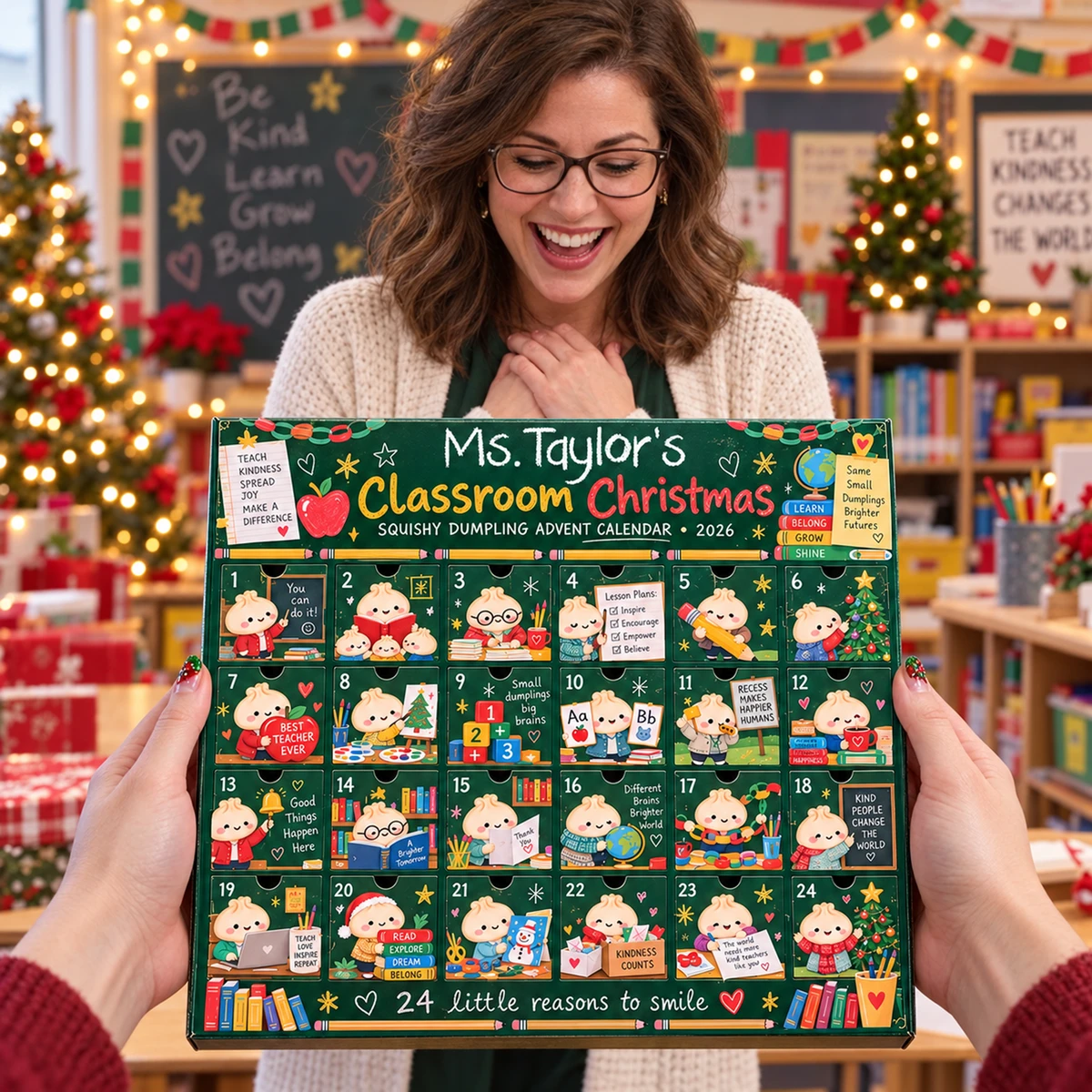 Personalized Teacher Christmas Advent Calendar 2026 – 24 Days Squishy Dumpling Countdown Calendar, Cute Classroom Holiday Gift for Teachers