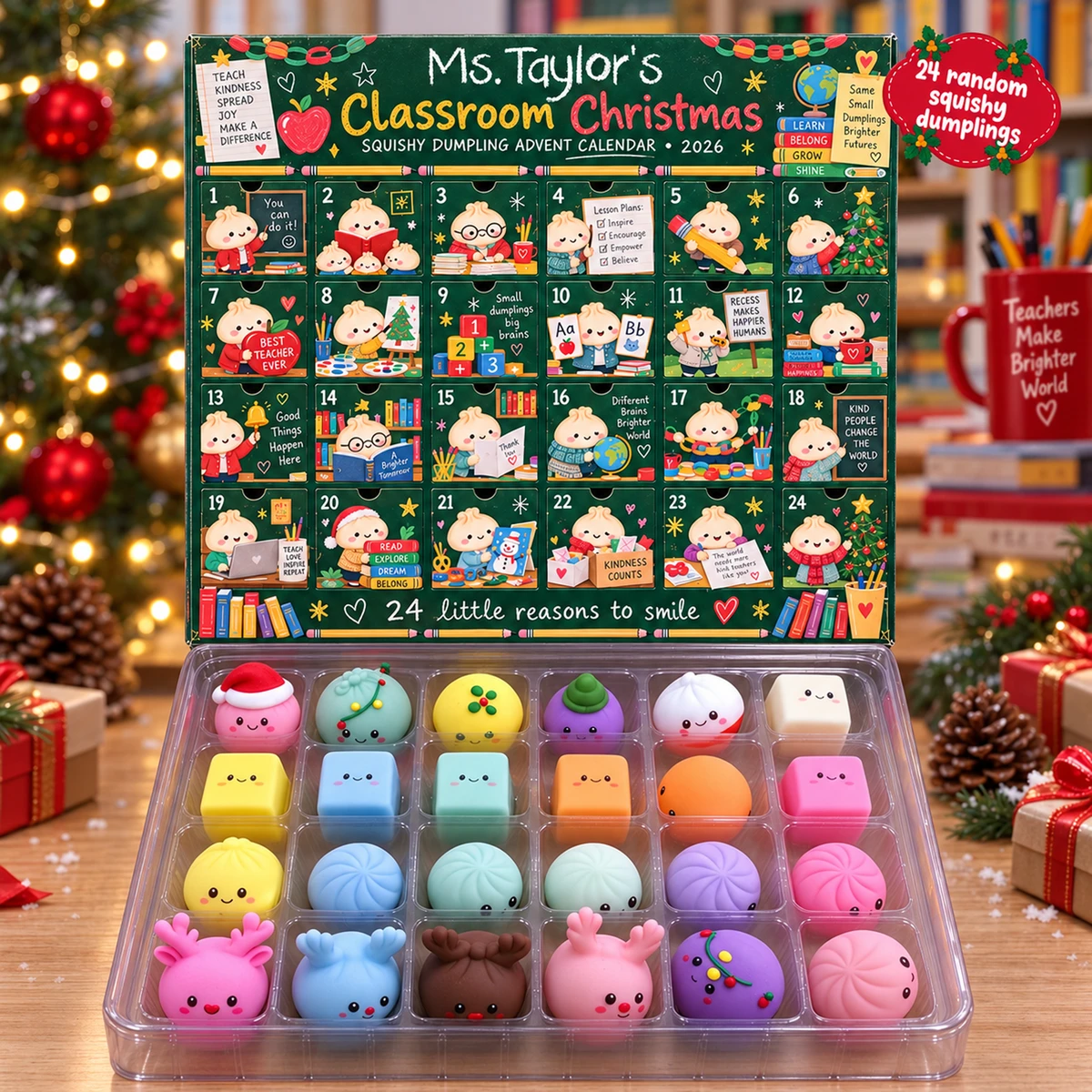Personalized Teacher Christmas Advent Calendar 2026 – 24 Days Squishy Dumpling Countdown Calendar, Cute Classroom Holiday Gift for Teachers