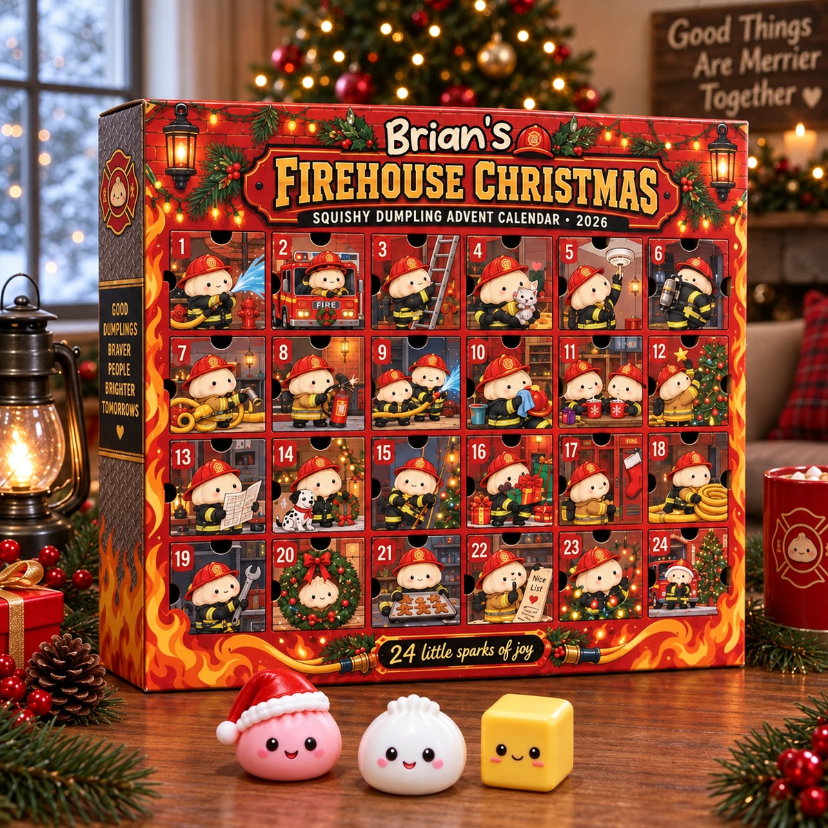 Personalized Firefighter Dumpling Advent Calendar 2026, Custom Name 24 Days Squishy Surprise Toys