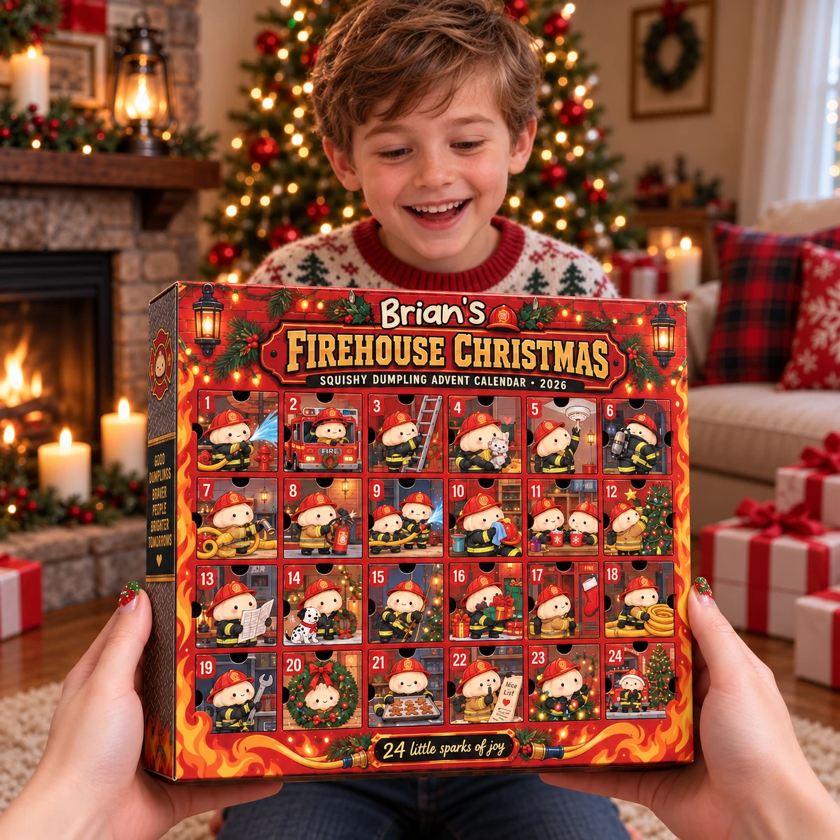 Personalized Firefighter Dumpling Advent Calendar 2026, Custom Name 24 Days Squishy Surprise Toys