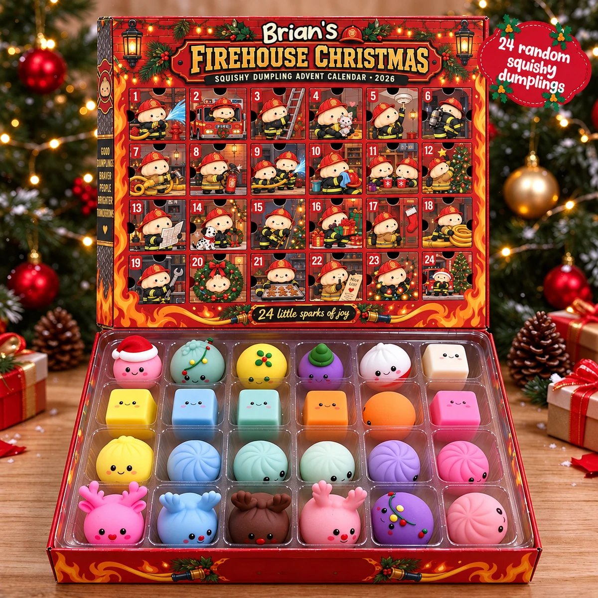 Personalized Firefighter Dumpling Advent Calendar 2026, Custom Name 24 Days Squishy Surprise Toys
