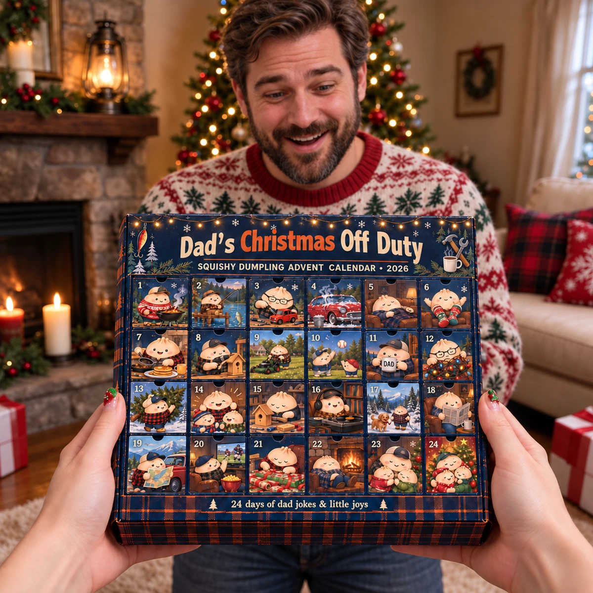 Personalized Dad's Christmas Off Duty Squishy Dumpling Advent Calendar 2026 – Custom Name 24 Days Christmas Countdown Calendar, Cute Holiday Gift for Dad