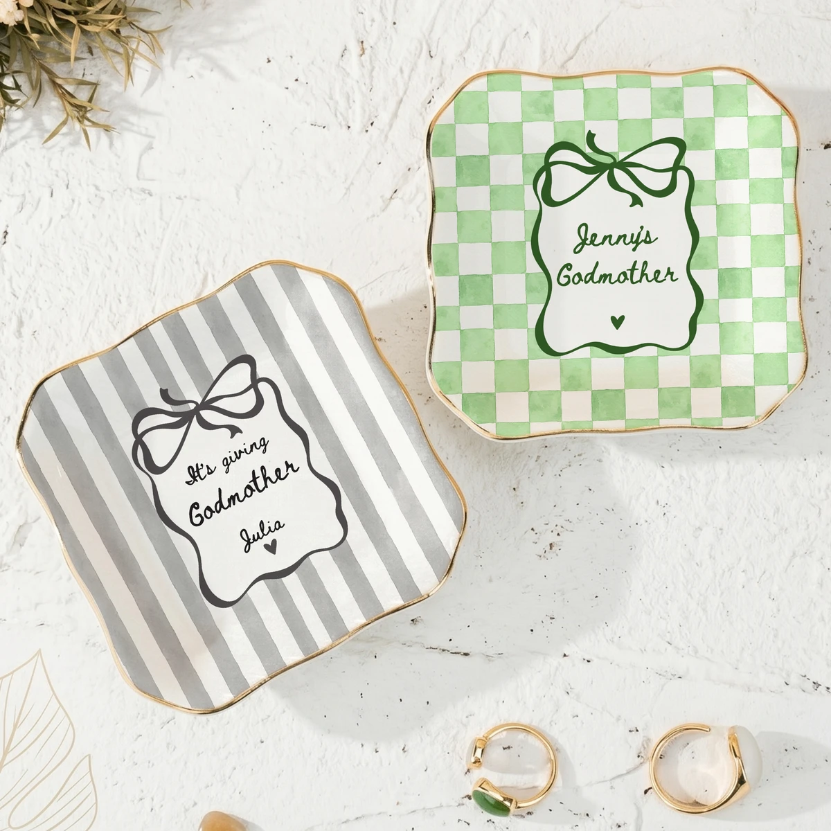 Personalized Ring Dish Custom Name – Godmother Gift, Bow Design Jewelry Holder Trinket Dish Keepsake Gift