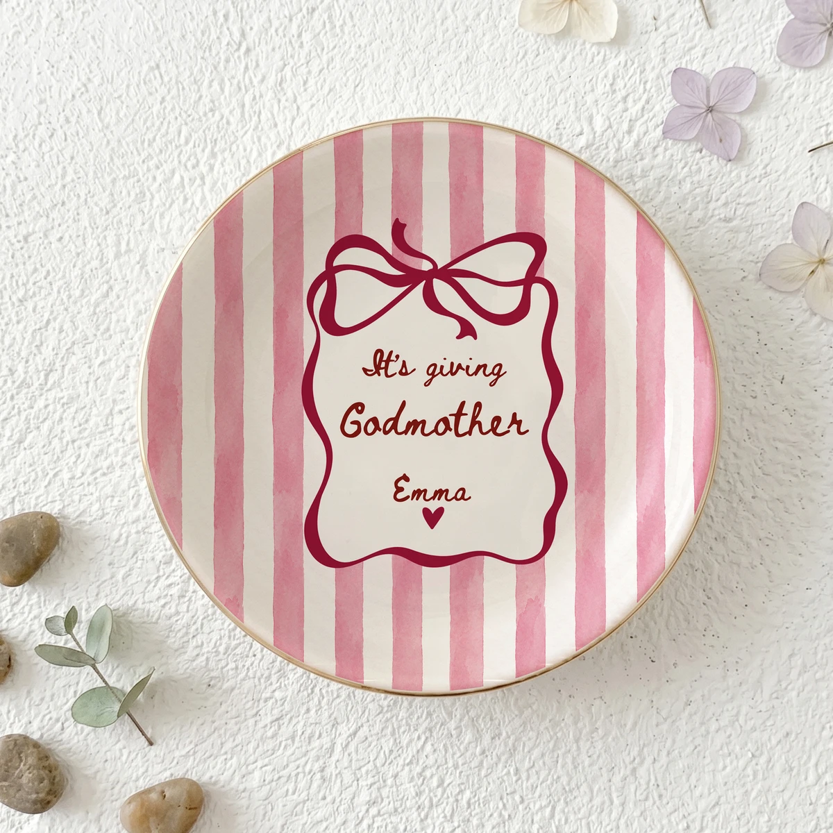 Personalized Ring Dish Custom Name – Godmother Gift, Bow Design Jewelry Holder Trinket Dish Keepsake Gift