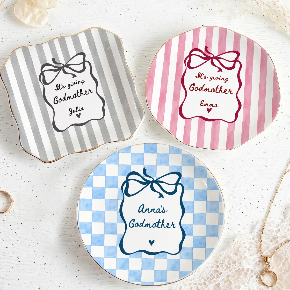 Personalized Ring Dish Custom Name – Godmother Gift, Bow Design Jewelry Holder Trinket Dish Keepsake Gift