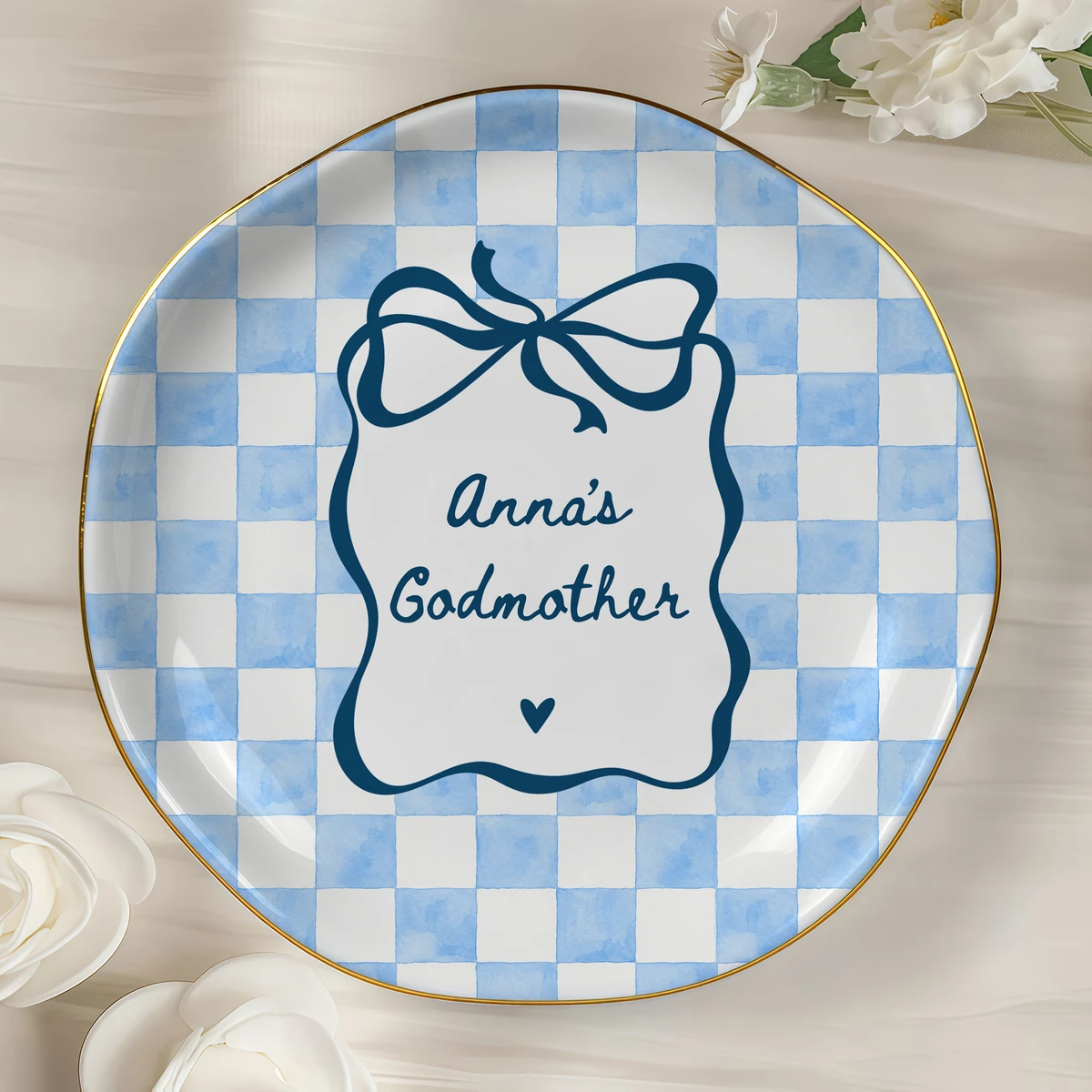 Personalized Ring Dish Custom Name – Godmother Gift, Bow Design Jewelry Holder Trinket Dish Keepsake Gift