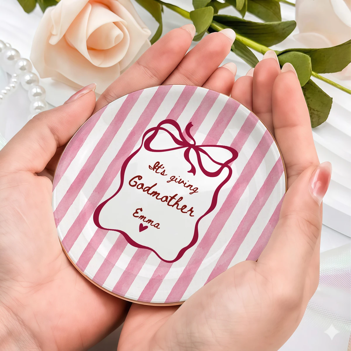 Personalized Ring Dish Custom Name – Godmother Gift, Bow Design Jewelry Holder Trinket Dish Keepsake Gift