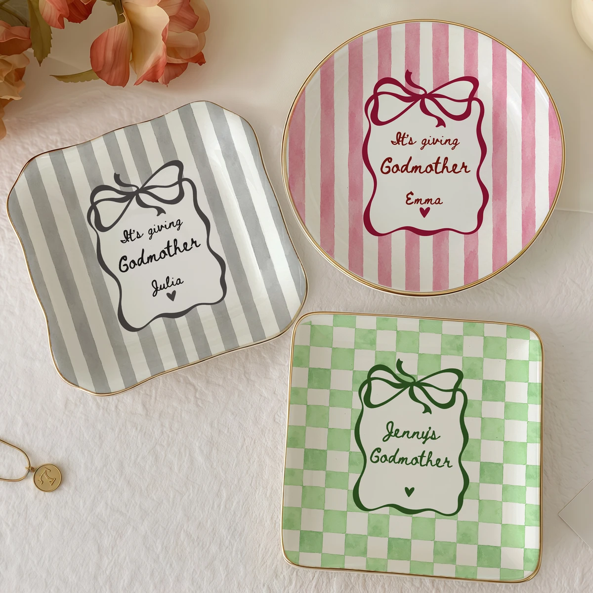 Personalized Ring Dish Custom Name – Godmother Gift, Bow Design Jewelry Holder Trinket Dish Keepsake Gift