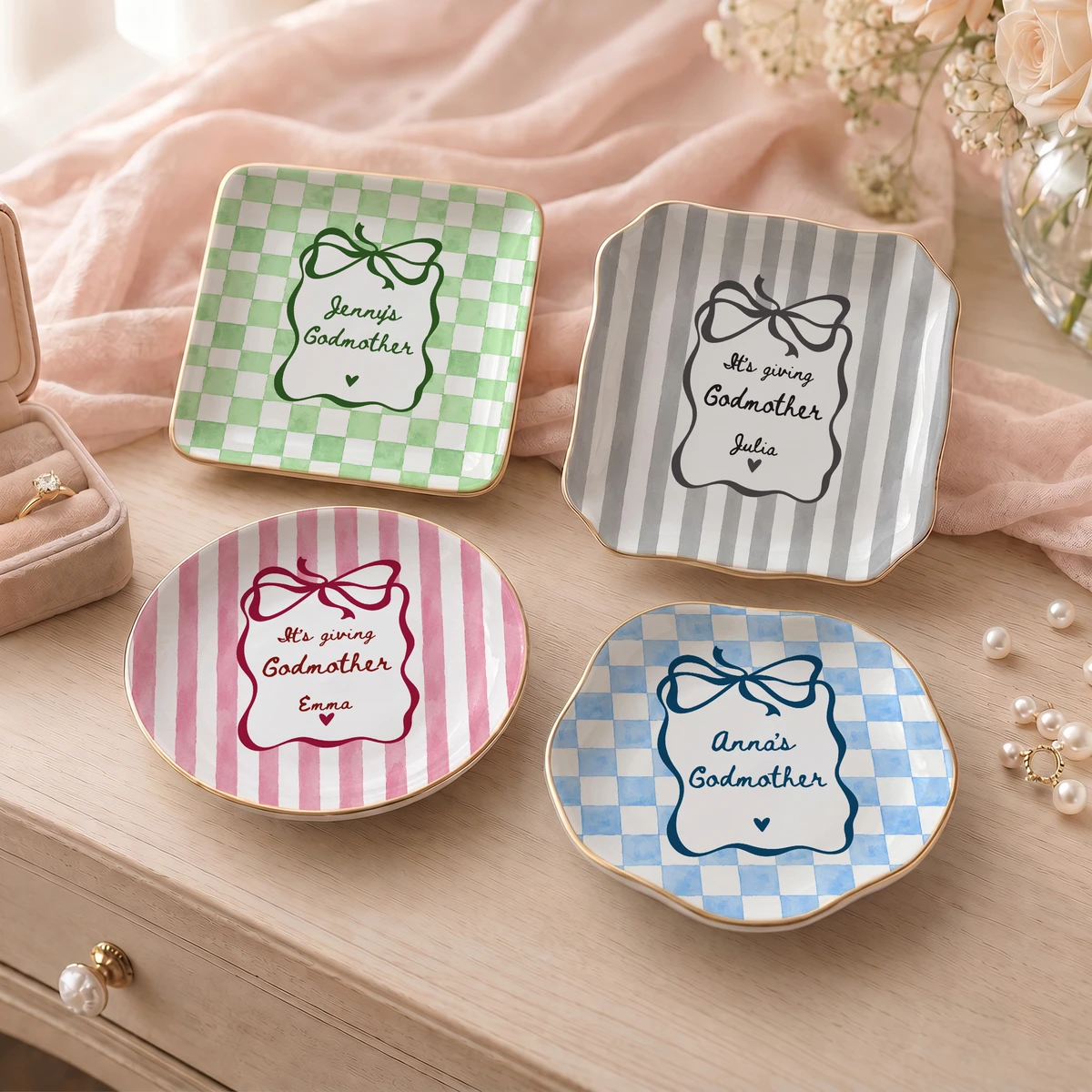 Personalized Ring Dish Custom Name – Godmother Gift, Bow Design Jewelry Holder Trinket Dish Keepsake Gift