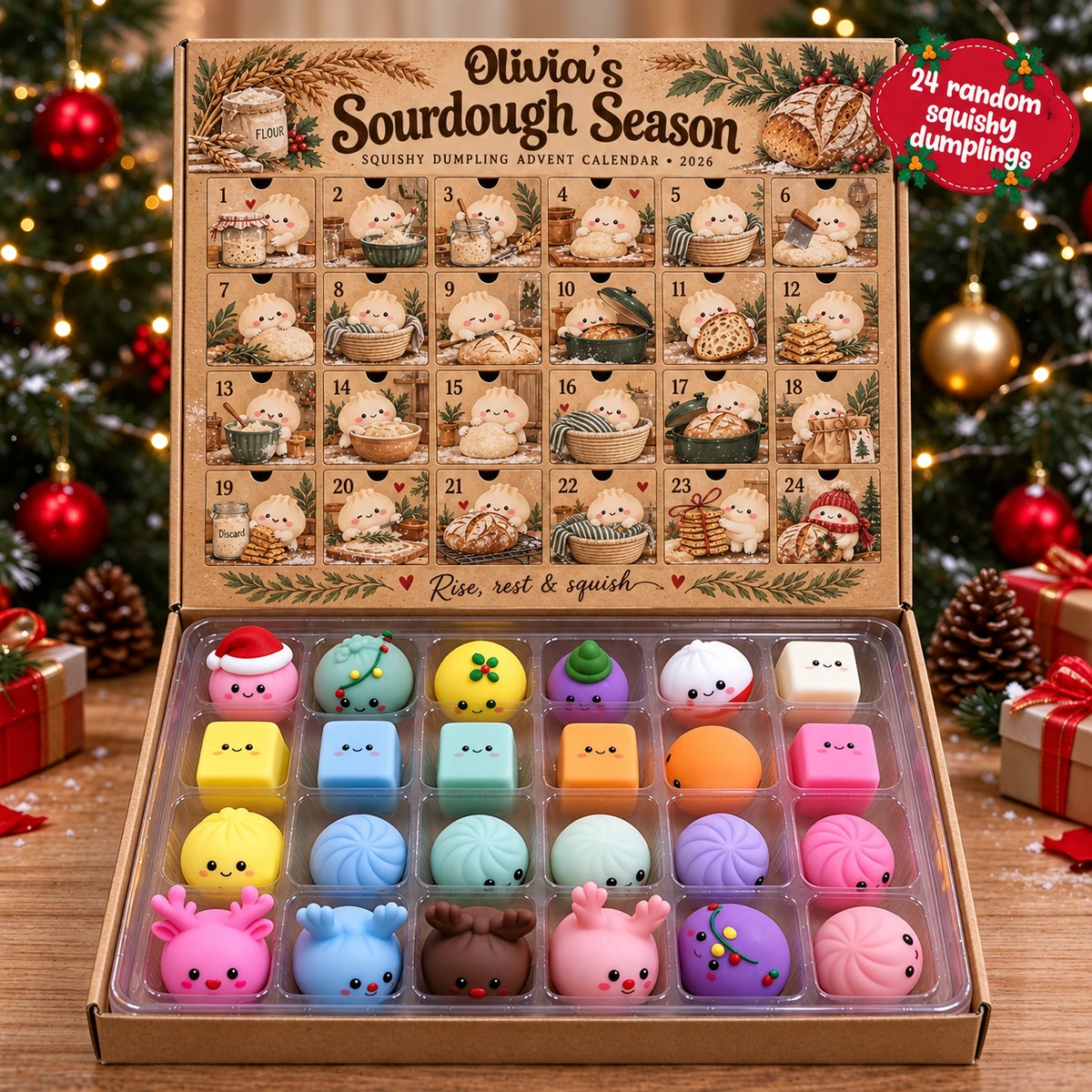 Personalized Dumpling Advent Calendar Custom Name – 24 Days Squishy Mystery Fidget Toys Christmas Countdown Gift for Kids