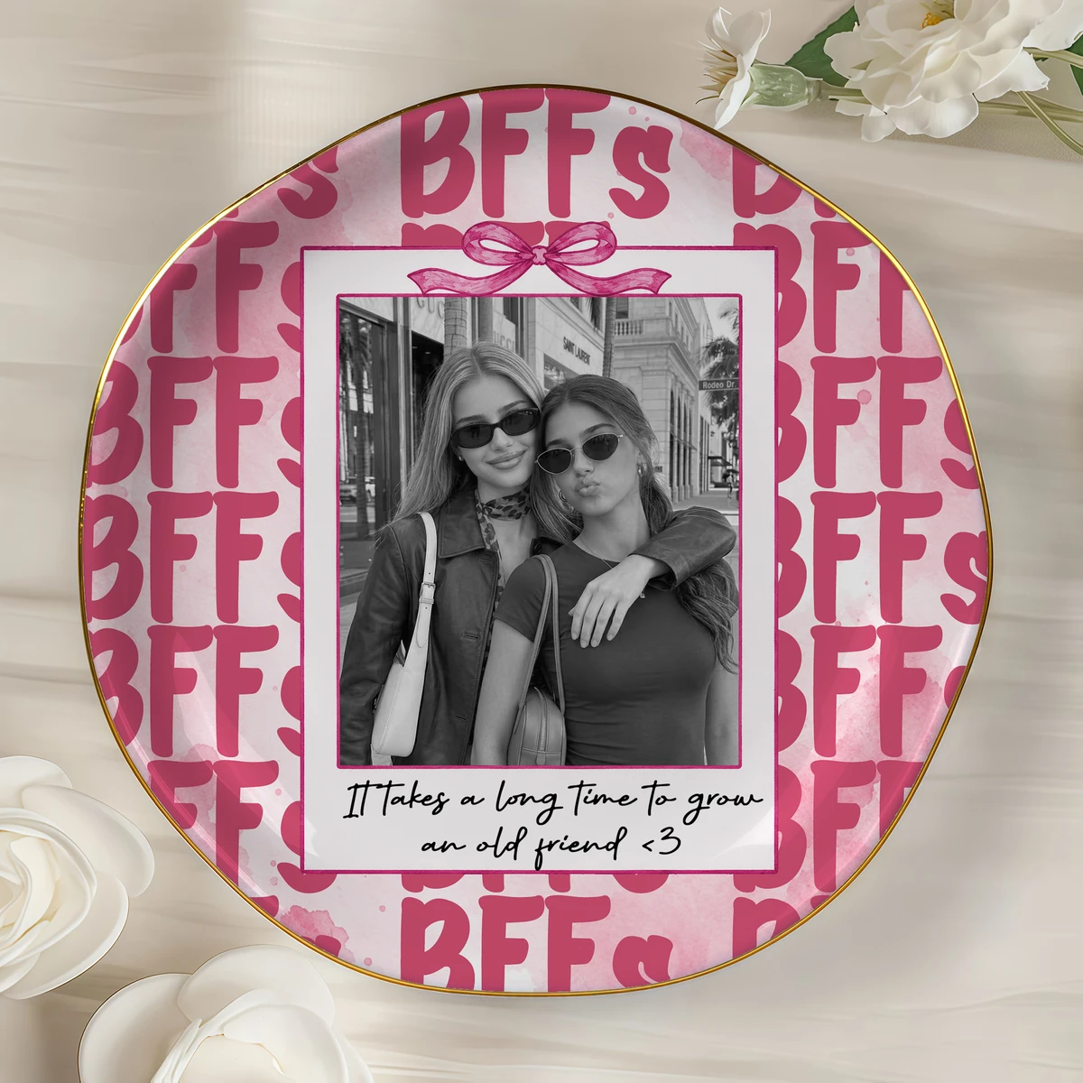 Personalized Photo & Text Trinket Tray – Custom Picture and Message Jewelry Dish, Best Friends & Sisters Keepsake Gift, Birthday Gift for BFF