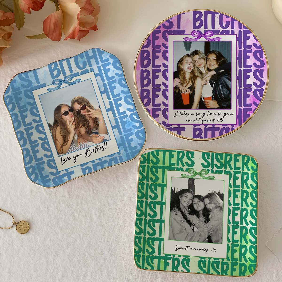Personalized Photo & Text Trinket Tray – Custom Picture and Message Jewelry Dish, Best Friends & Sisters Keepsake Gift, Birthday Gift for BFF