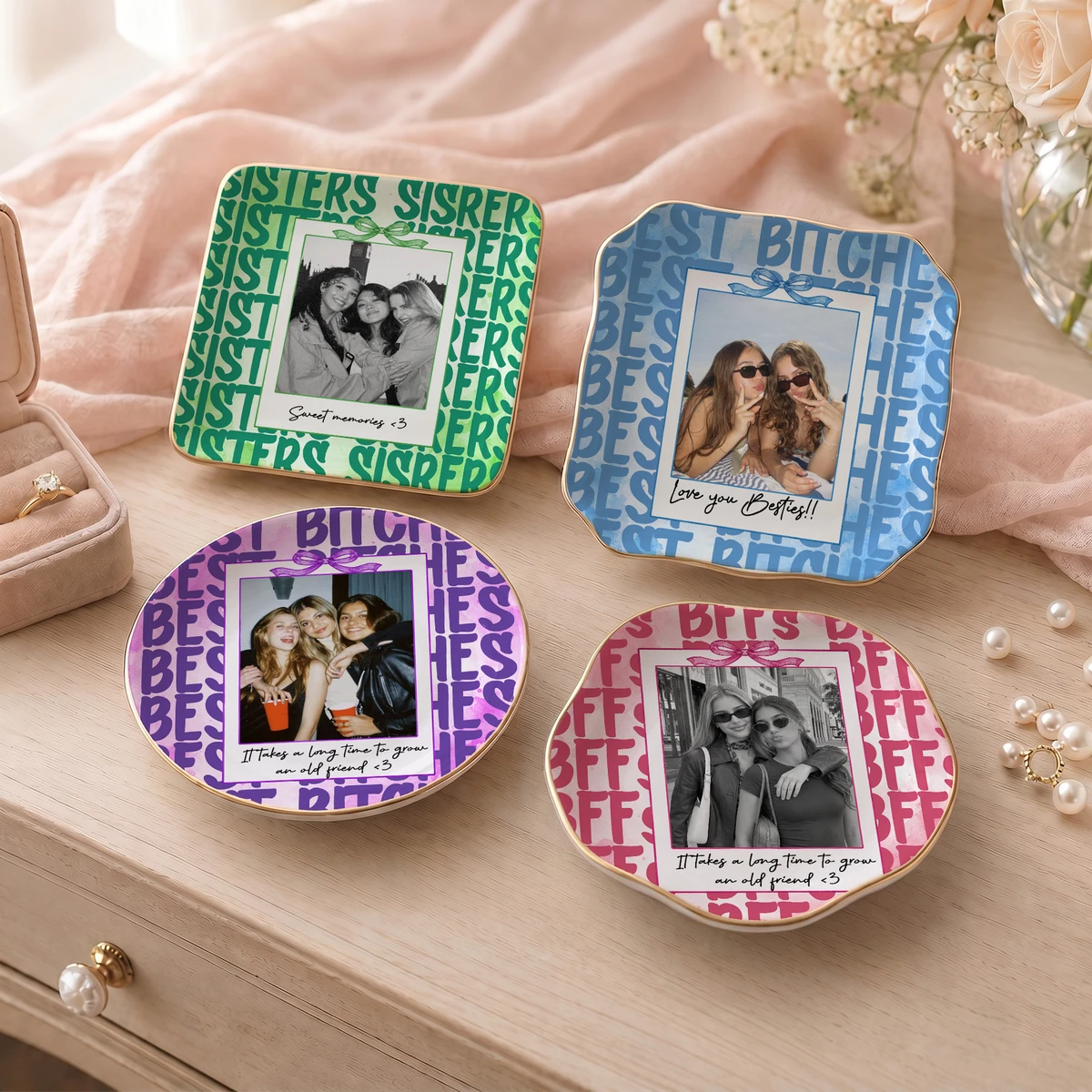 Personalized Photo & Text Trinket Tray – Custom Picture and Message Jewelry Dish, Best Friends & Sisters Keepsake Gift, Birthday Gift for BFF
