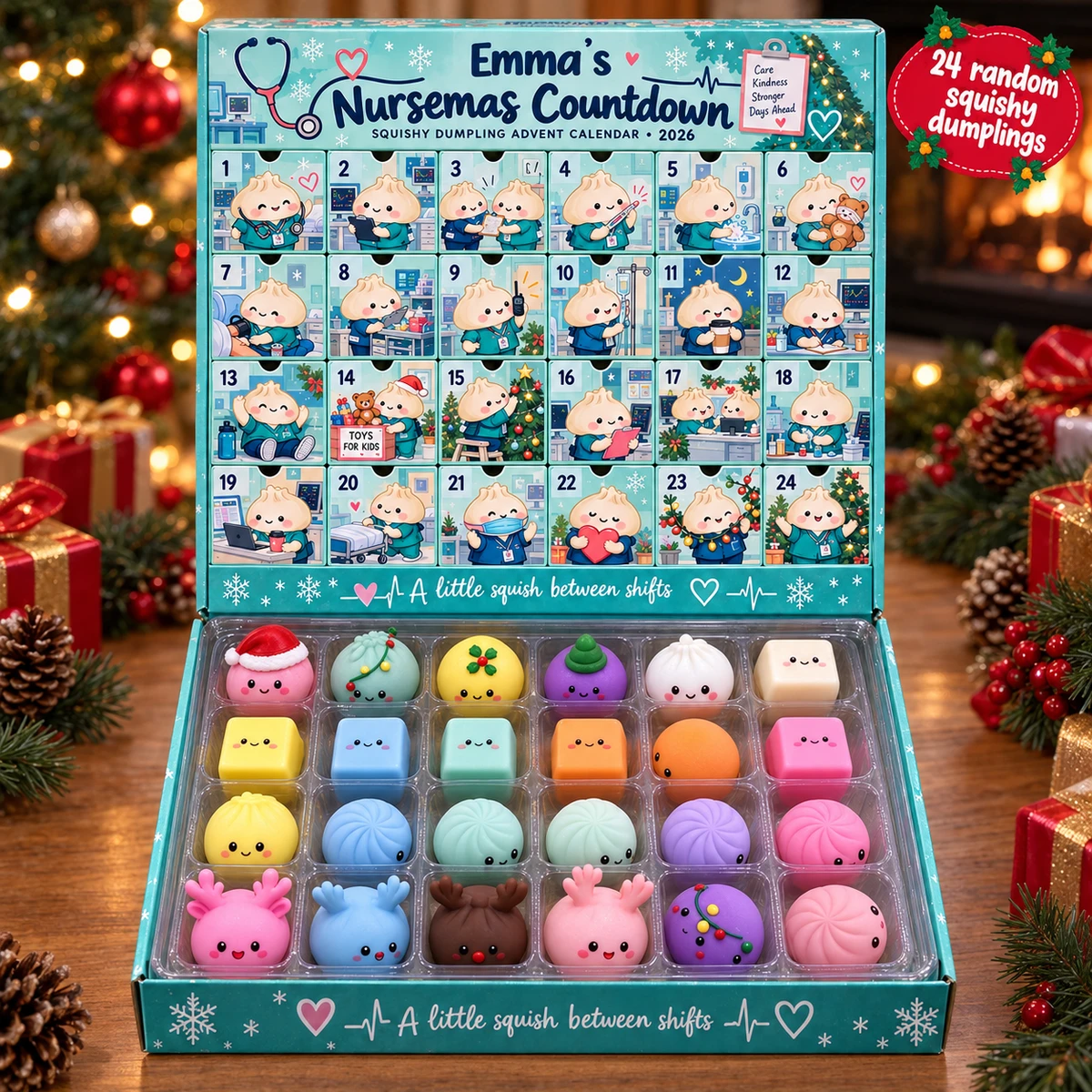 Personalized Nurse Christmas Squishy Dumpling Advent Calendar 2026 – Custom Name 24 Days Christmas Countdown Calendar, Cute Kawaii Stress Relief Toys, Holiday Gift for Nurses